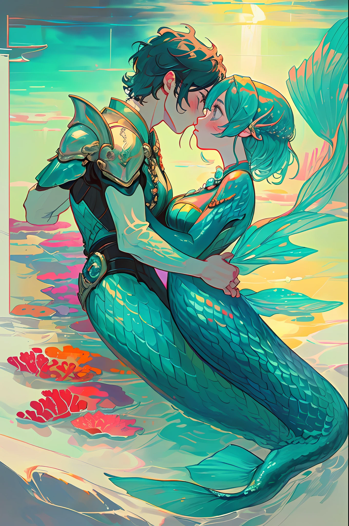 master-piece,hyper quality, hyper detailed,perfect drawing,high-resolution,2 Japan idols, (((kiss))(((French Kiss))) hugging each other's breasts pressed against each other, staring at each other, moist eyes, half-open lips, beautiful, blush (0.2),In the deep waters of coral reefs、There is a mermaid who looks like a beautiful woman、The body color is like emerald.、The structure is a half-mermaid、She looked at me from above、I looked at her from below、I hold a pearl in my hands --v 6