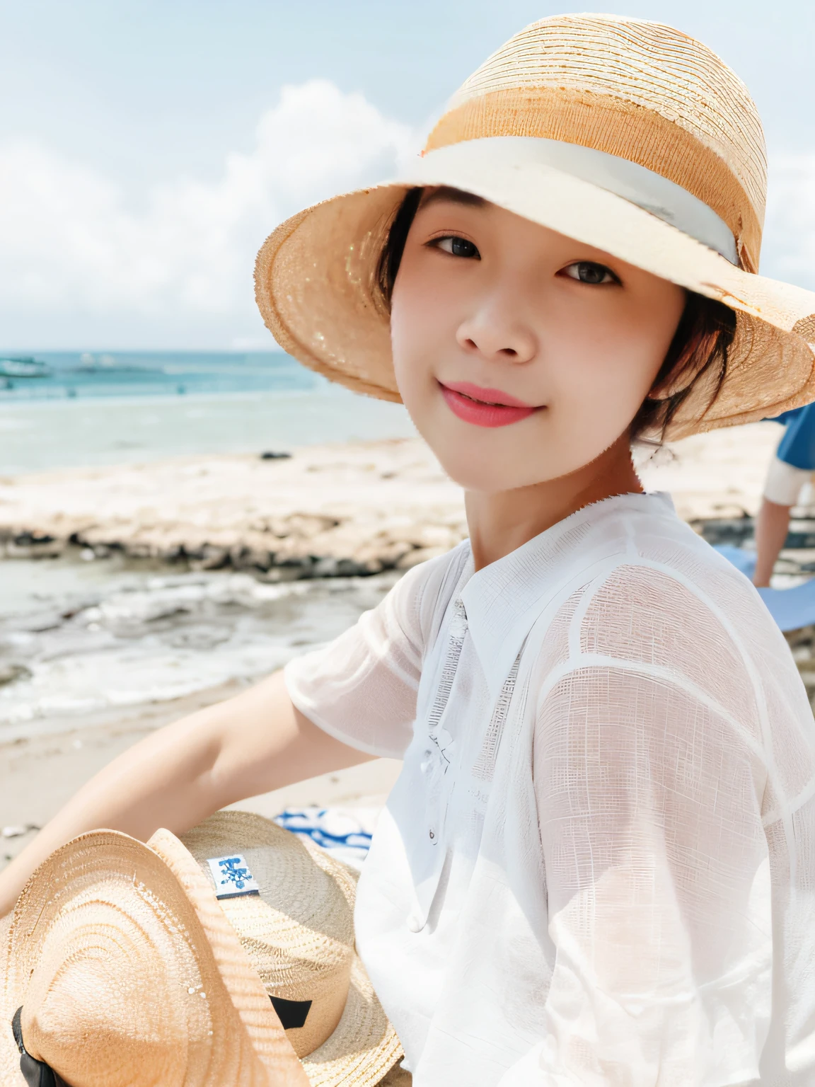 There was a woman sitting on the beach wearing a hat, with straw hat, on  the  beach, in the beach, in beach, Choi Hyun-hwa, Kim Tae-joon, sun yunjoo, standing at the beach, jaeyeon nam, sangsoo jeong, jiyun chae, 8k selfie photograph, beach pic, with hat, wearing a travel hat