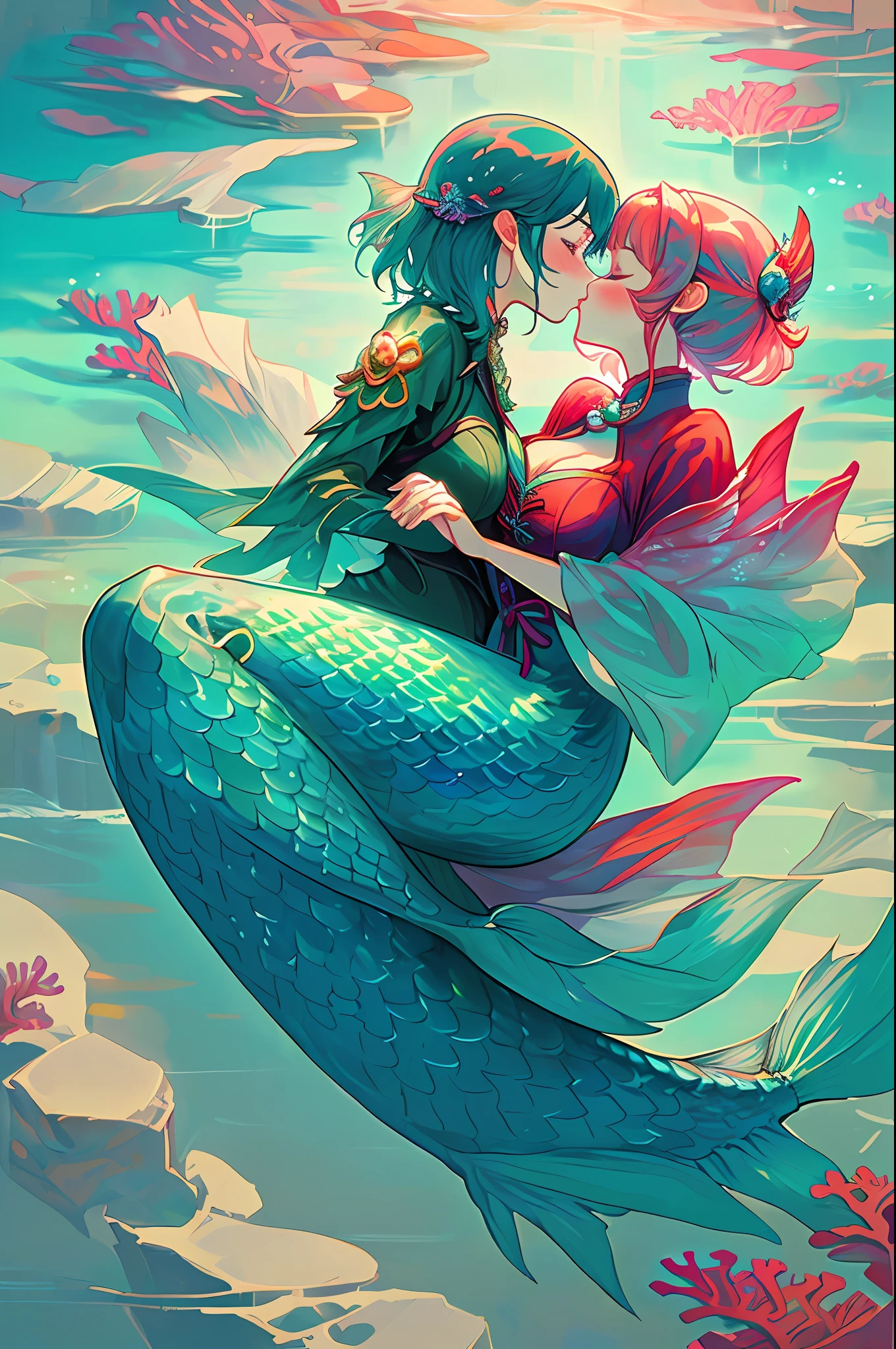 master-piece,hyper quality, hyper detailed,perfect drawing,high-resolution,2 Japan idols, (((kiss))(((French Kiss))) hugging each other's breasts pressed against each other, staring at each other, moist eyes, half-open lips, beautiful, blush (0.2),In the deep waters of coral reefs、There is a mermaid who looks like a beautiful woman、The body color is like emerald.、The structure is a half-mermaid、She looked at me from above、I looked at her from below、I hold a pearl in my hands --v 6