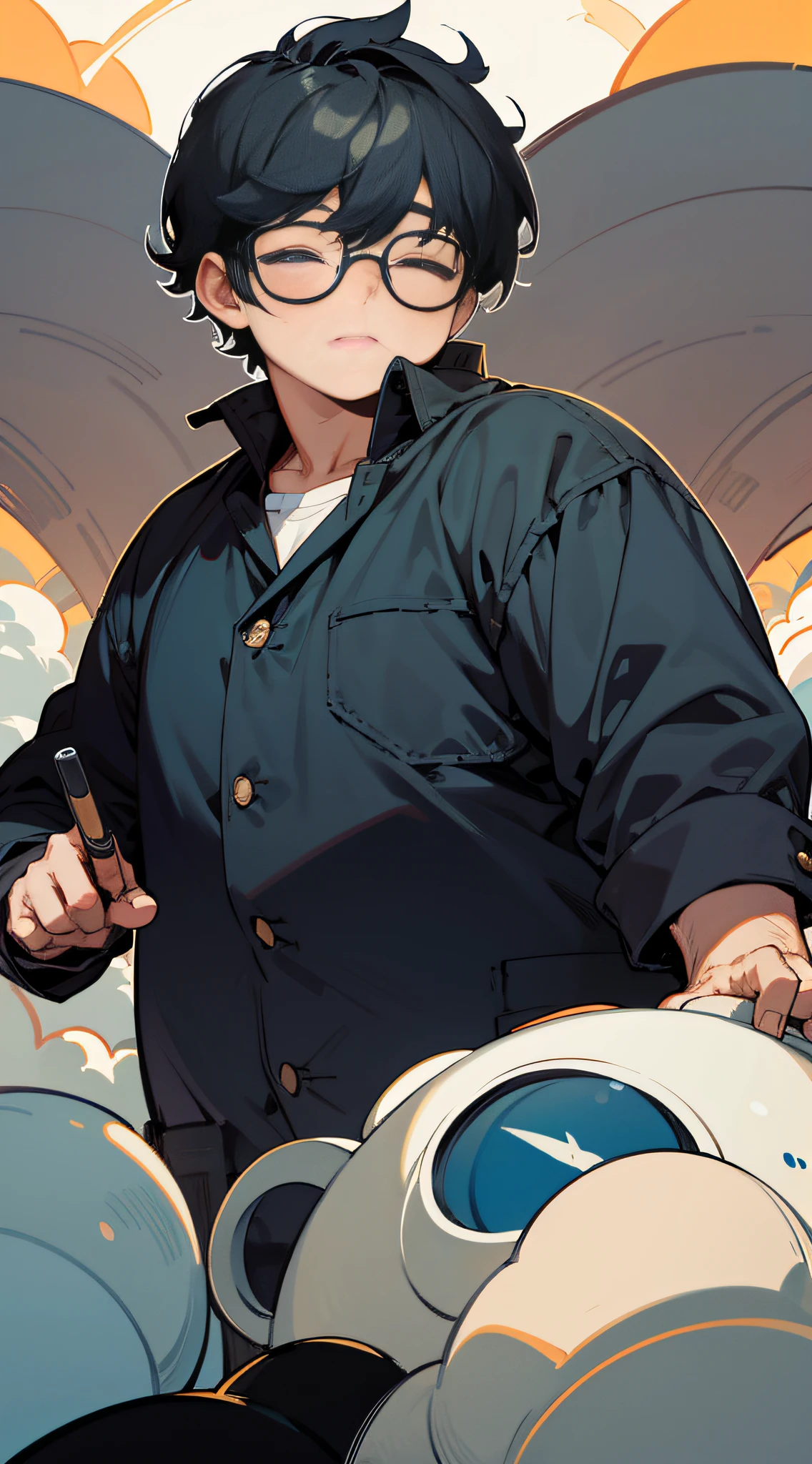 A chubby boy,Small eyes,Black color hair,Air bangs curl,Wear glasses