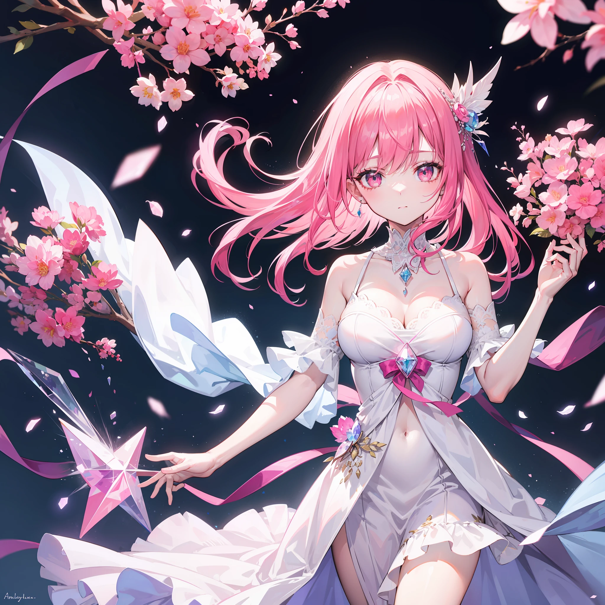 The pink-eyed girl with pink hair and a white dress held a cluster of pink crystal flowers in her hand,Next to the crystal flowers floats shining crystal fragments