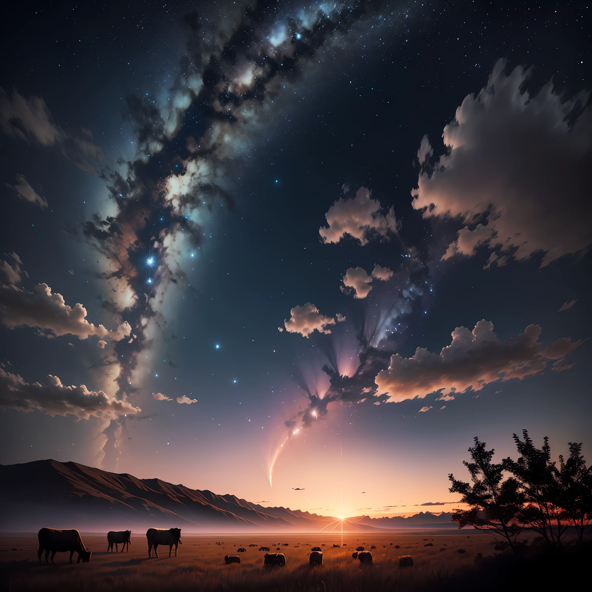 Prairie under the stars,Herds of cattle and sheep,4K ultra HD wallpaper,The silhouette of Jupiter looms over the sky --auto