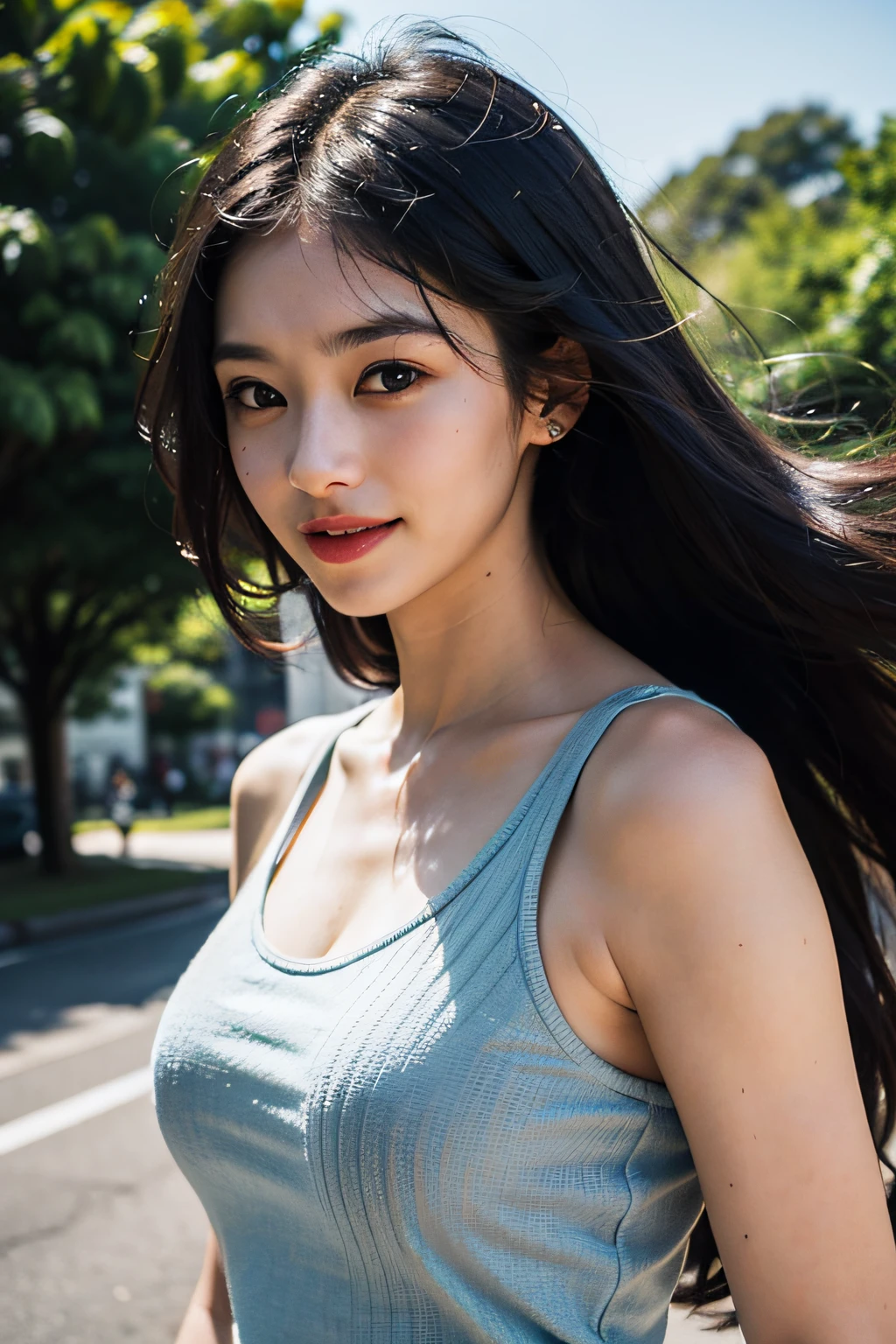 (in 8K、 Raw photography、top-quality,、hight resolution),、(hyper realisitic)、(realisitic),、Soft light、、girl with、Lifelike face、Realistic body、real looking skin、absurderes、masterpiece、Cuties、独奏、Innocent eyes、blusher、Cinema Lights、cherry colored lips、The hair 、a closeup、looking at viewert、 Open lips,、Upper teeth,、(Smiling eyes:0.6)、eyes focus、professionally lit、CG Social Trends、Plastic En、((Black Long Hair))、((Beautuful Women))、(A smile)、Fashionable、A sexy、Hair that flutters in the wind、((Flowing hair))、Happy -、fashion magazine、((lighting like a movie))、The tree、((blue-sky))、goddes、
