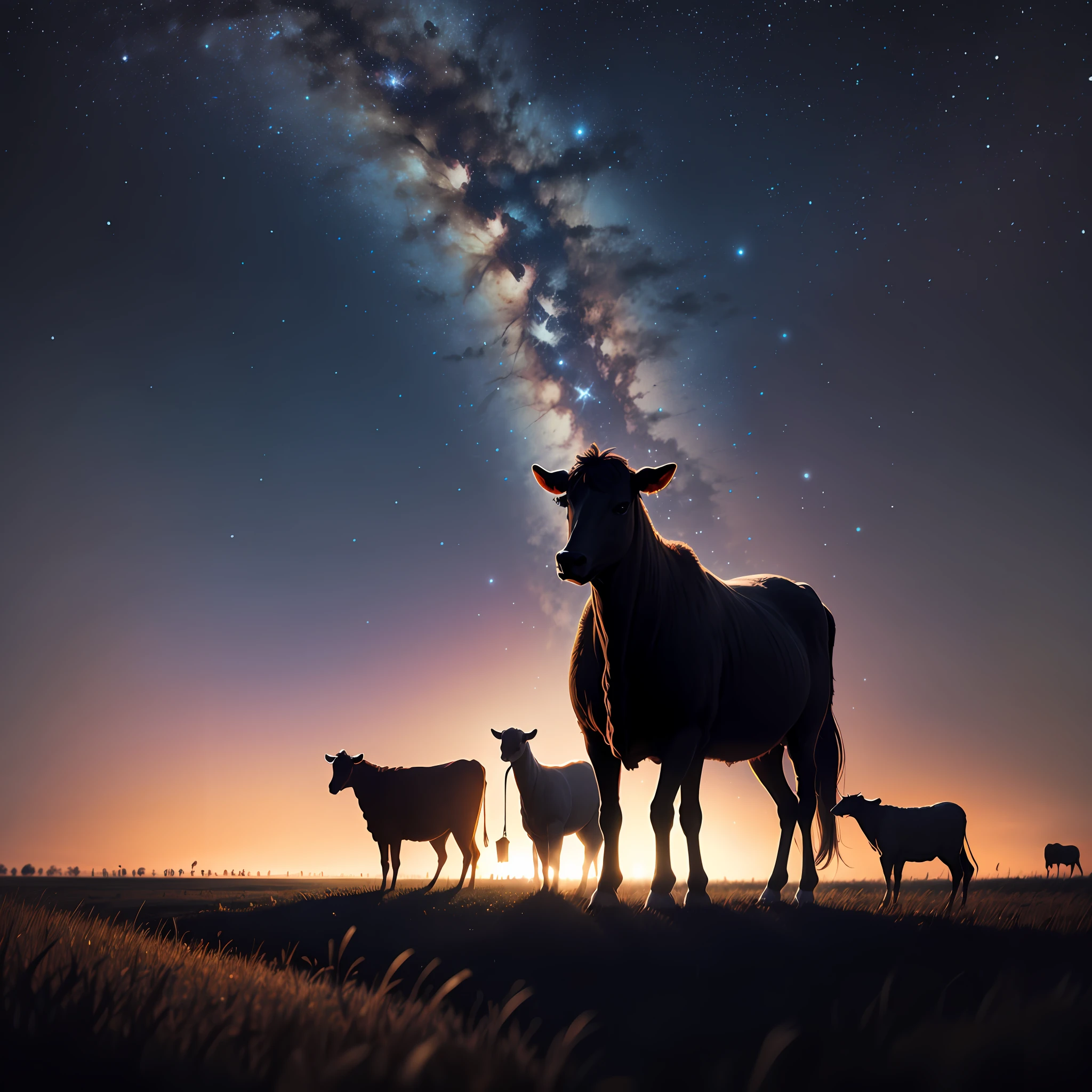 Prairie under the stars,Herds of cattle and sheep,4K ultra HD wallpaper,The silhouette of Jupiter looms over the sky --auto