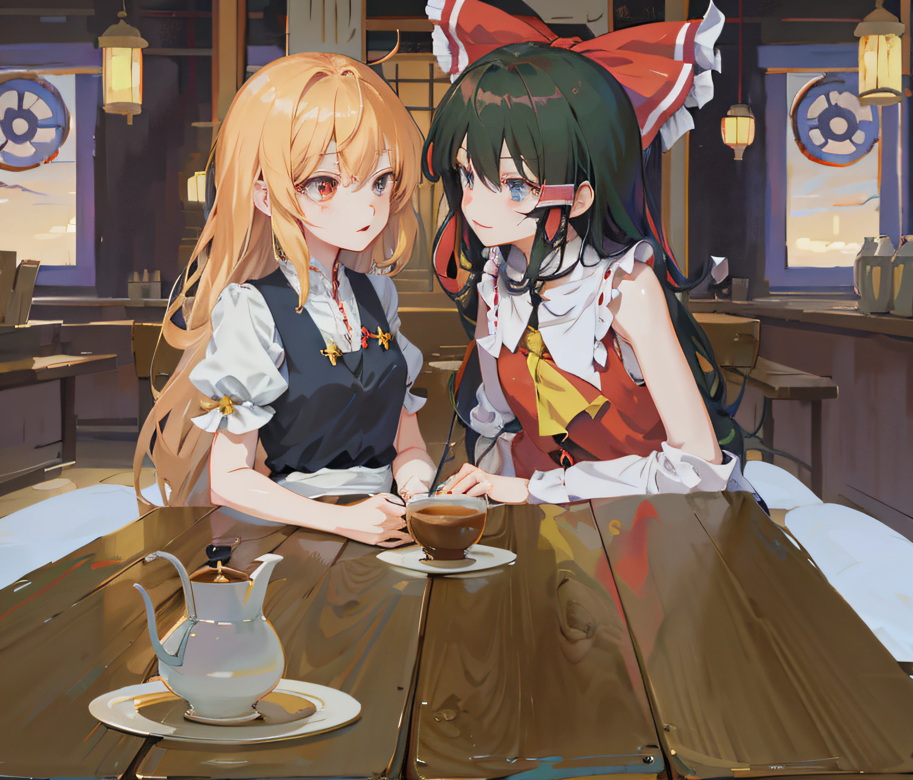 anime character sitting at a table with a cup of coffee, from touhou, zerochan art, touhou project, , drawn in anime painter studio, WLOP and Sakimichan, Is ((drink a tea)), Guweiz in Pixiv ArtStation, touhou project official artwork, Official artwork, made with anime painter studio