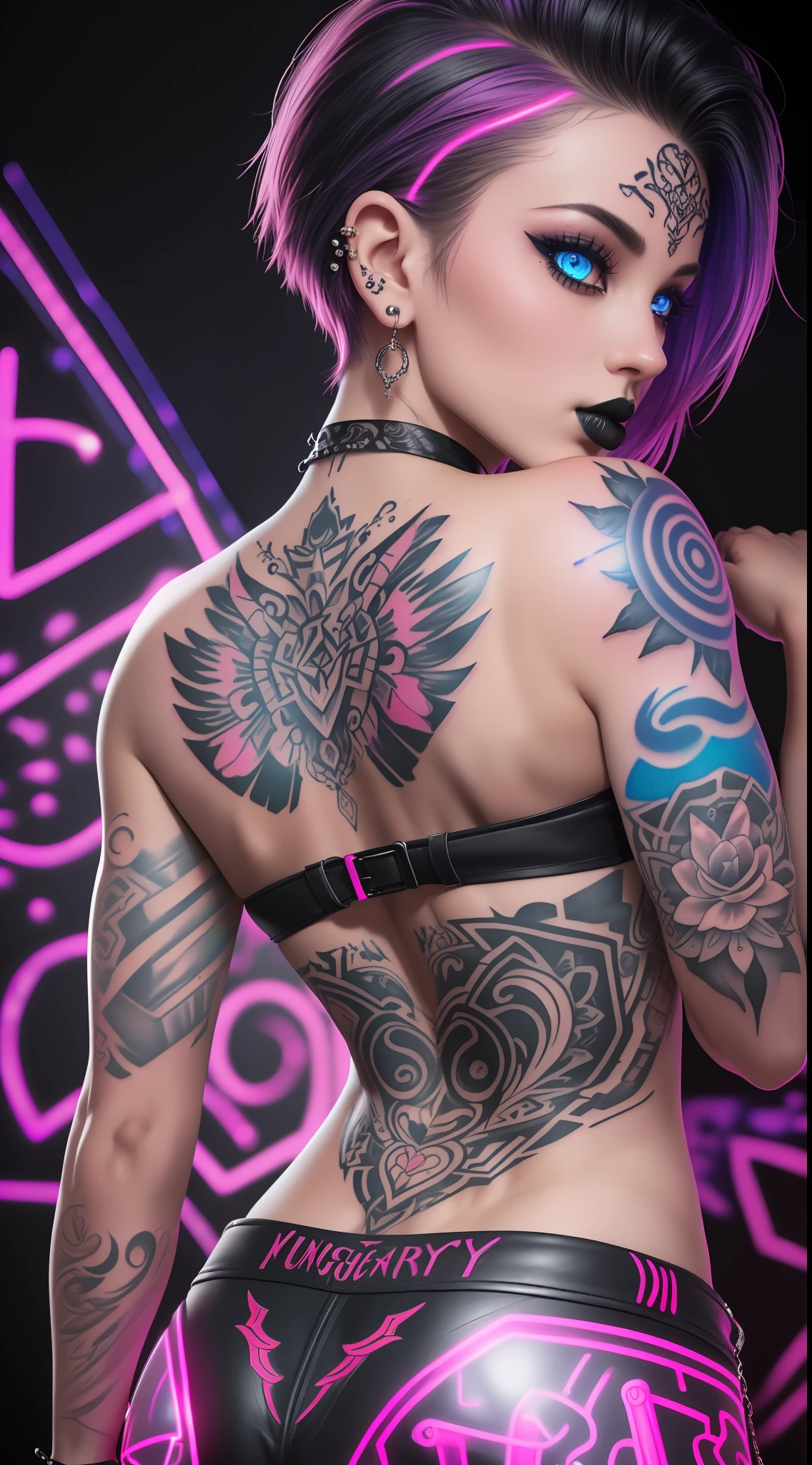 A highly detailed picture of a beautifully tattooed woman, (((the word Naughty tattooed on lower back, in calligraphy font, the word naughty))), (((the word Naughty tattooed on lower back in reflective in, glowing in blacklight))), posing seductively, looking back over shoulder, showing off naughty tattoo on lower back, short blonde hair, shaved sides, pixie cut, petite, small chest, black eyeliner, black lipstick, piercing blue eyes, detailed eyes, ultra detailed, tattoos, (punk outfit, loose skimpy clothing, revealing), ((detailed background, blacklight rave)), photorealistic, colorful, viewed from back, digital art, highly detailed, fine detail, intricate, ornate, complex, octane render, unreal engine, photorealistic, 8k, 16k,