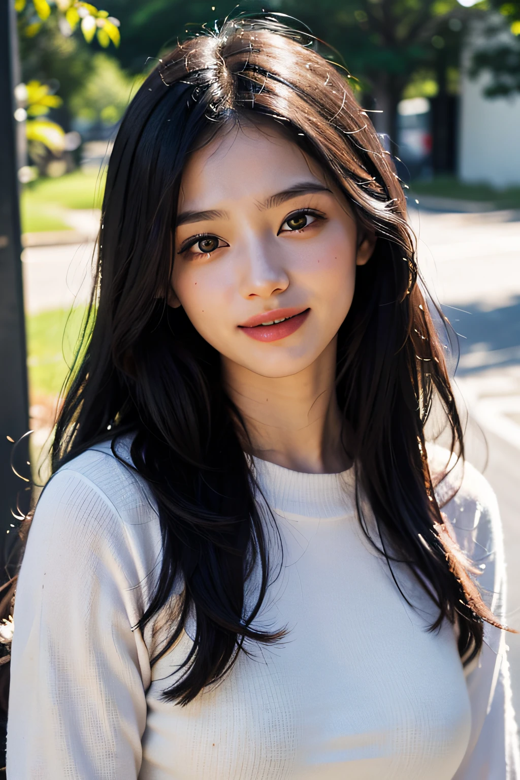 (in 8K、 Raw photography、top-quality,、hight resolution),、(hyper realisitic)、(realisitic),、Soft light、、girl with、Lifelike face、Realistic body、real looking skin、absurderes、​masterpiece、Cuties、独奏、Innocent eyes、blusher、Cinema Lights、cherry colored lips、The hair 、a closeup、looking at viewert、 Open lips,、Upper teeth,、(Smiling eyes:0.6)、eyes focus、professionally lit、CG Social Trends、Plastic En、((Black Long Hair))、((Beautuful Women))、(A smile)、Fashionable、A sexy、Hair that flutters in the wind、((Flowing hair))、Happy -、fashion magazine、((lighting like a movie))、The tree、((blue-sky))、goddes、