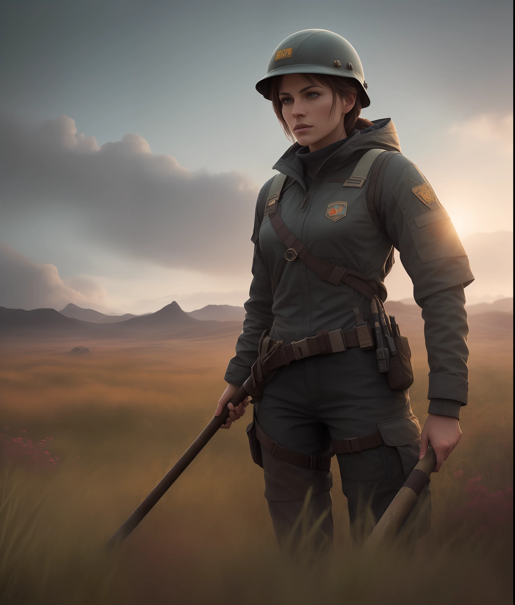 Woman 40 years old in the afternoon on an alien meadow in a miner's uniform and helmet, holding a pickaxe in her hand, 4k textures, hdr, photorealistic, intricate details, one, confident look, close up, ultra realistic, behind the field, epic realistic, (dark shot:1.22), neutral colors, (hdr:1.4), (muted colors:1.4), (intricate), (artstation:1.2), dramatic, intricate details, (technicolor:0.9), detailed, [[rutkowski]], intricate, cinematic, detailed, ((intricate details)), hdr, ((intricate details, hyperdetailed))