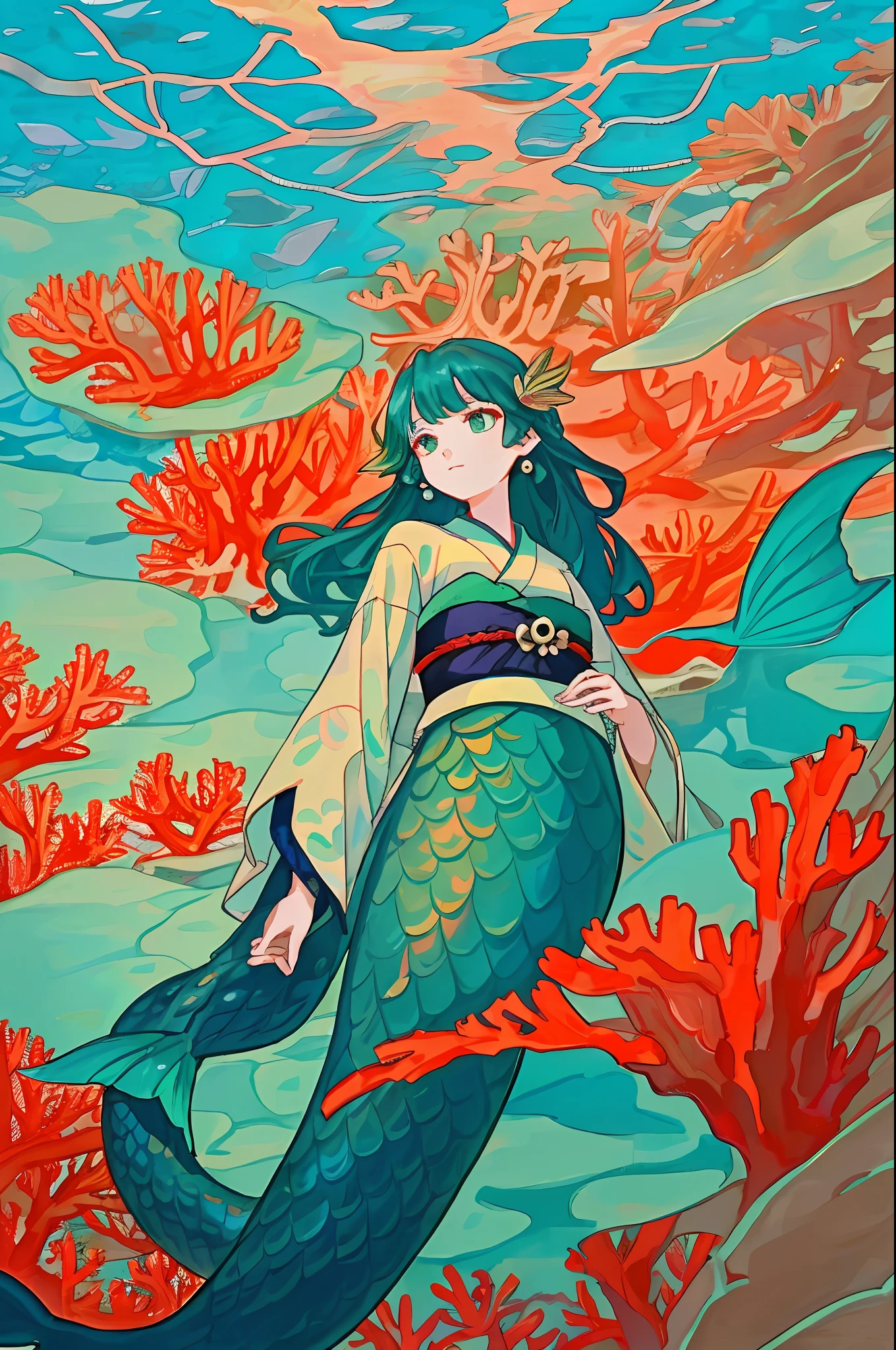 In the deep waters of coral reefs、There is a mermaid who looks like a beautiful woman、The body color is like emerald.、The structure is a half-mermaid、She looked at me from above、I looked at her from below、I hold a pearl in my hands 。wearing Japanese kimono、