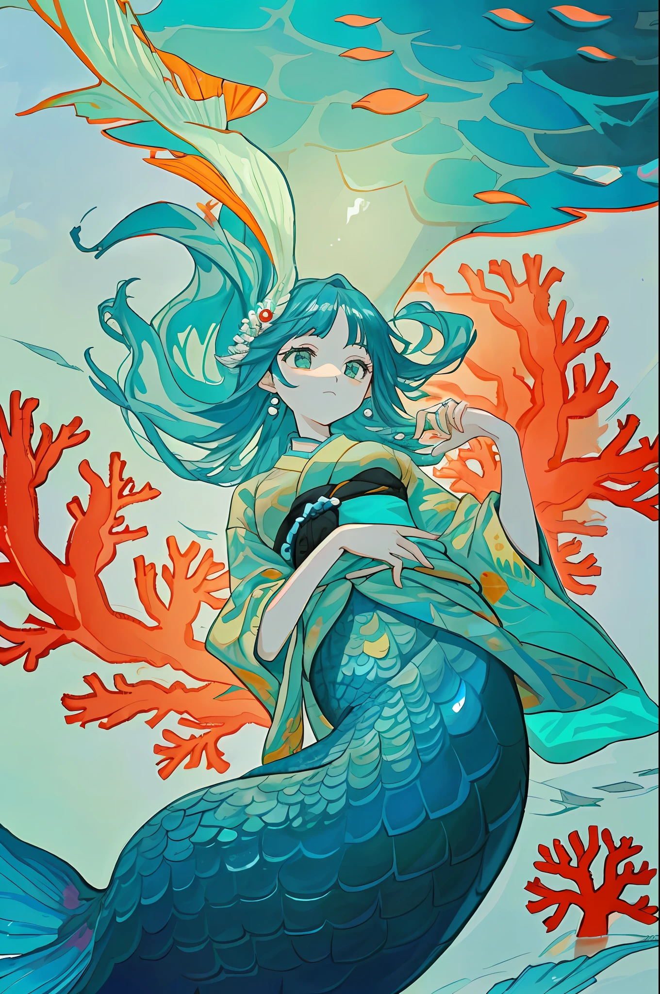 In the deep waters of coral reefs、There is a mermaid who looks like a beautiful woman、The body color is like emerald.、The structure is a half-mermaid、She looked at me from above、I looked at her from below、I hold a pearl in my hands 。wearing Japanese kimono、