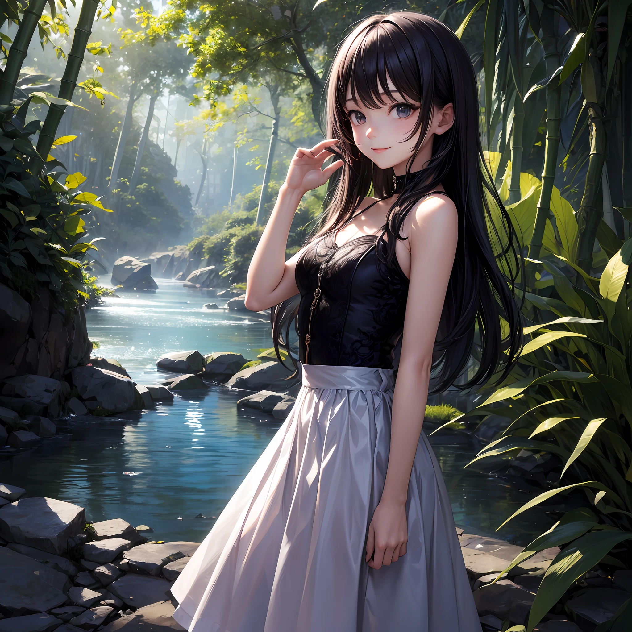 tmasterpiece,Best quality at best,offcial art,8k 壁纸,The is very detailed,1 girlirl,Left hand raised,A small bird lands on the back of the hand,brunette color hair,long whitr hair,Black colored eyes,White skirt,bamboo forrest,bare shoulders,lakes,pure,Light,softl smile --auto
