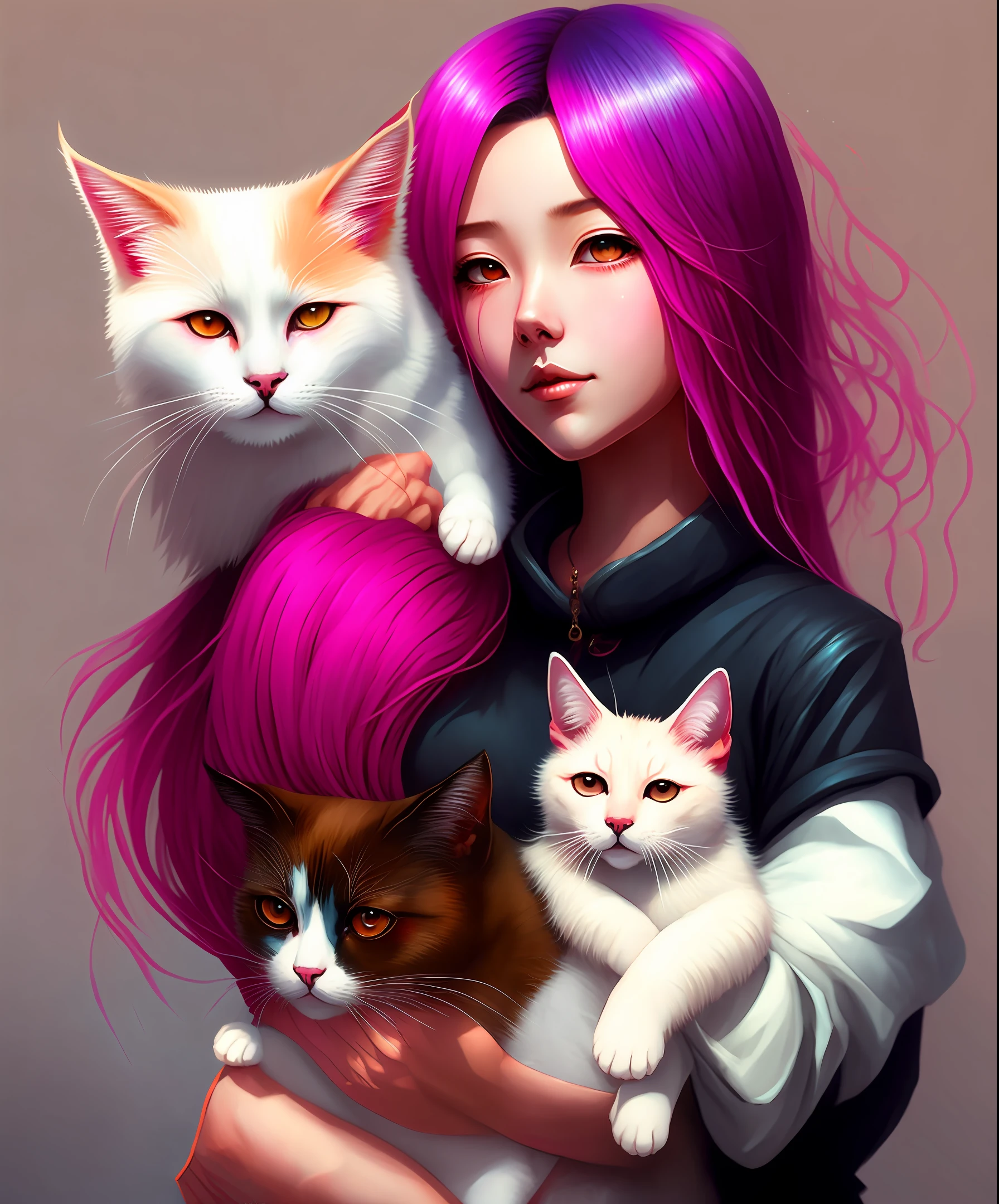 anime girl with pink hair holding a white cat in her arms, a digital painting inspired by Ross Tran, trending on cgsociety, furry art, artgerm and atey ghailan, artwork in the style of guweiz, loish and ross tran, beeple and jeremiah ketner, ross tran style, in the style of ross tran, adorable digital painting