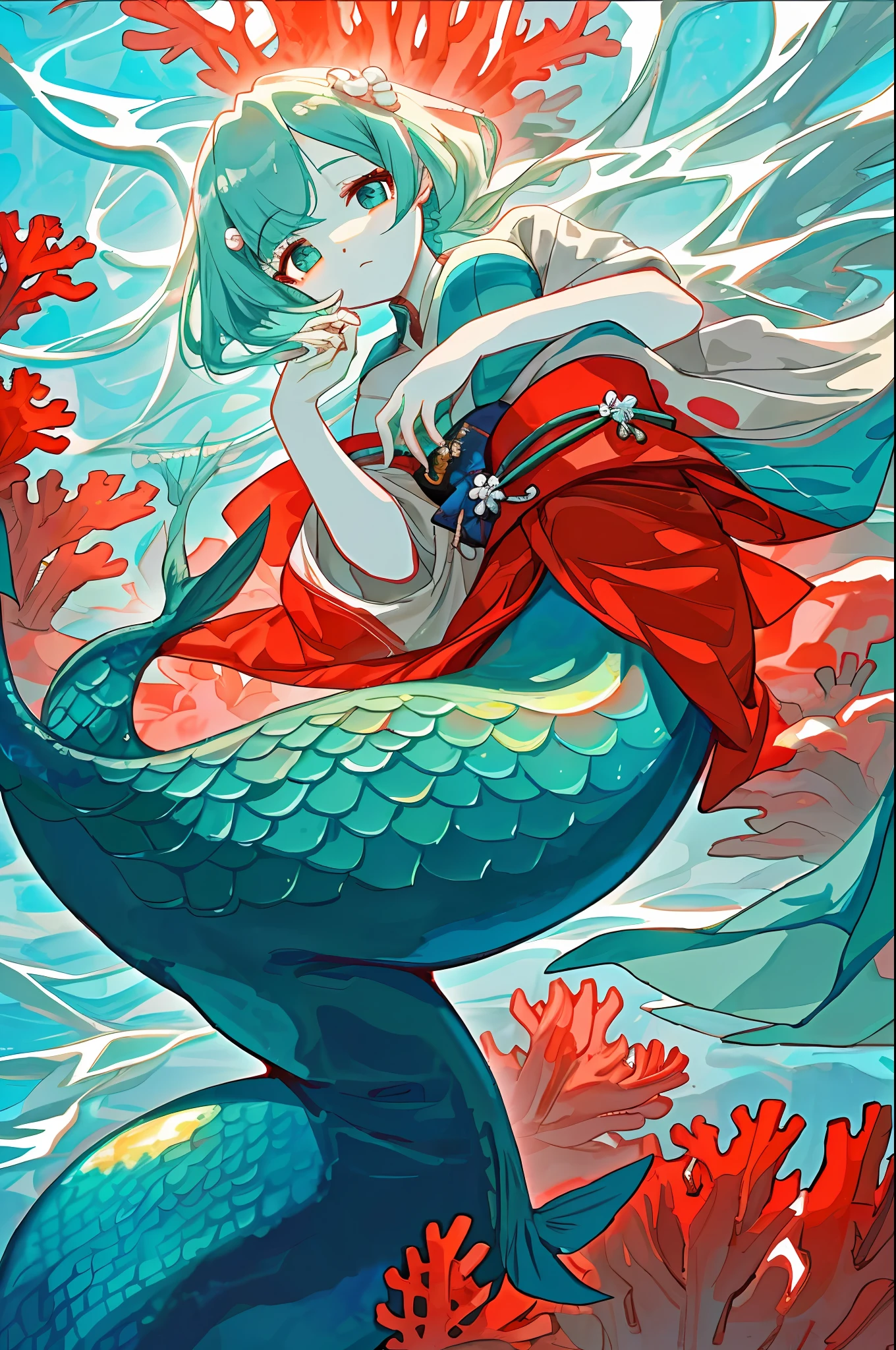 In the deep waters of coral reefs、There is a mermaid who looks like a beautiful woman、The body color is like emerald.、The structure is a half-mermaid、She looked at me from above、I looked at her from below、I hold a pearl in my hands 。wearing Japanese kimono、