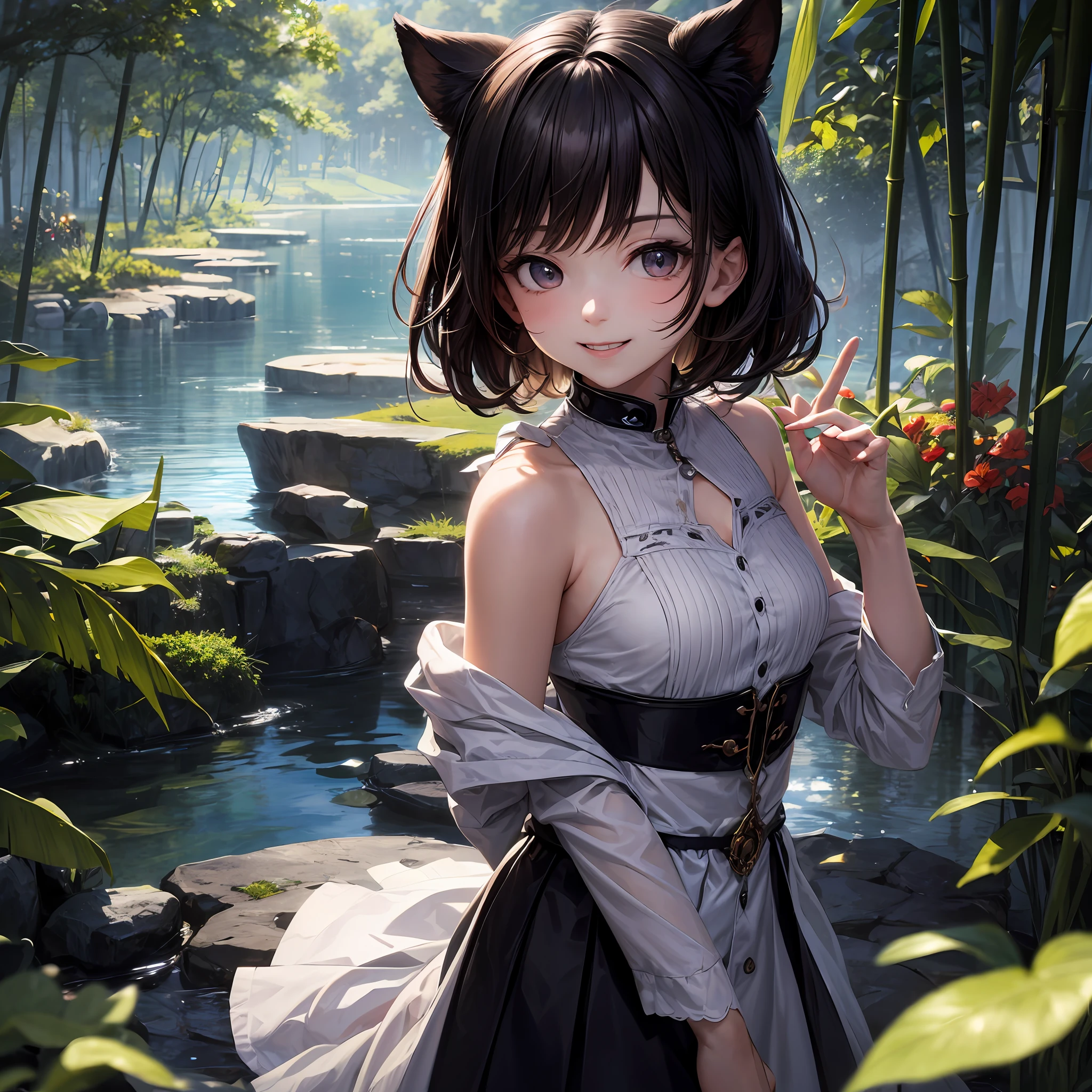 tmasterpiece，Best quality at best，offcial art，8k 壁纸，The is very detailed，1 girlirl，Left hand raised，A small bird lands on the back of the hand，brunette color hair，long whitr hair，Black colored eyes，White skirt，bamboo forrest，bare shoulders​，lakes，pure，Light，softl smile --auto