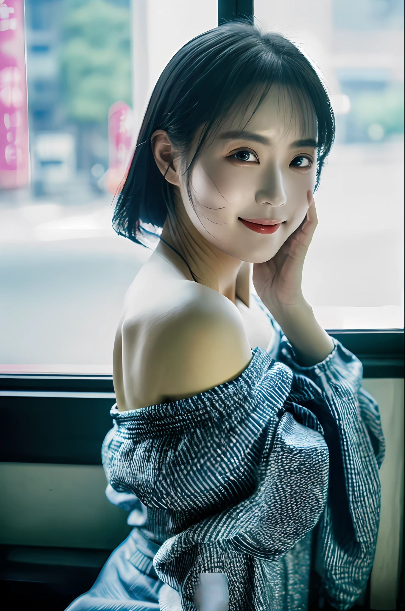 An ultra-high picture quality、8K、1girl in, Idol, proximity, 鎖骨, a picture, filmg, hand on own face, depth of fields, A smile, modeled, window, looking at the viewers, Real life, off shoulders, tusk,