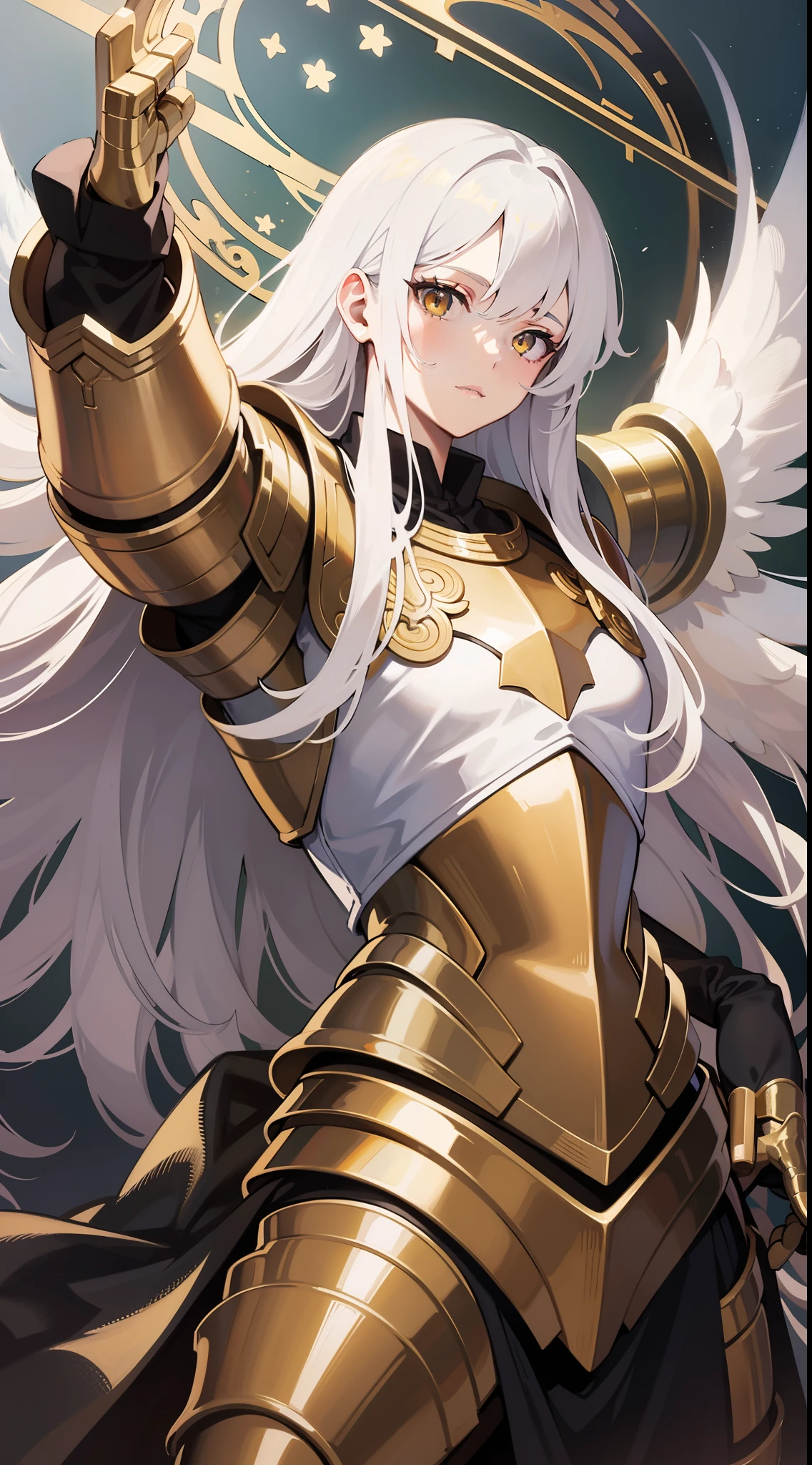 Grown-up guy, Long white hair, golden eyes, Angel Armor, open arms, Masterpiece, hiquality