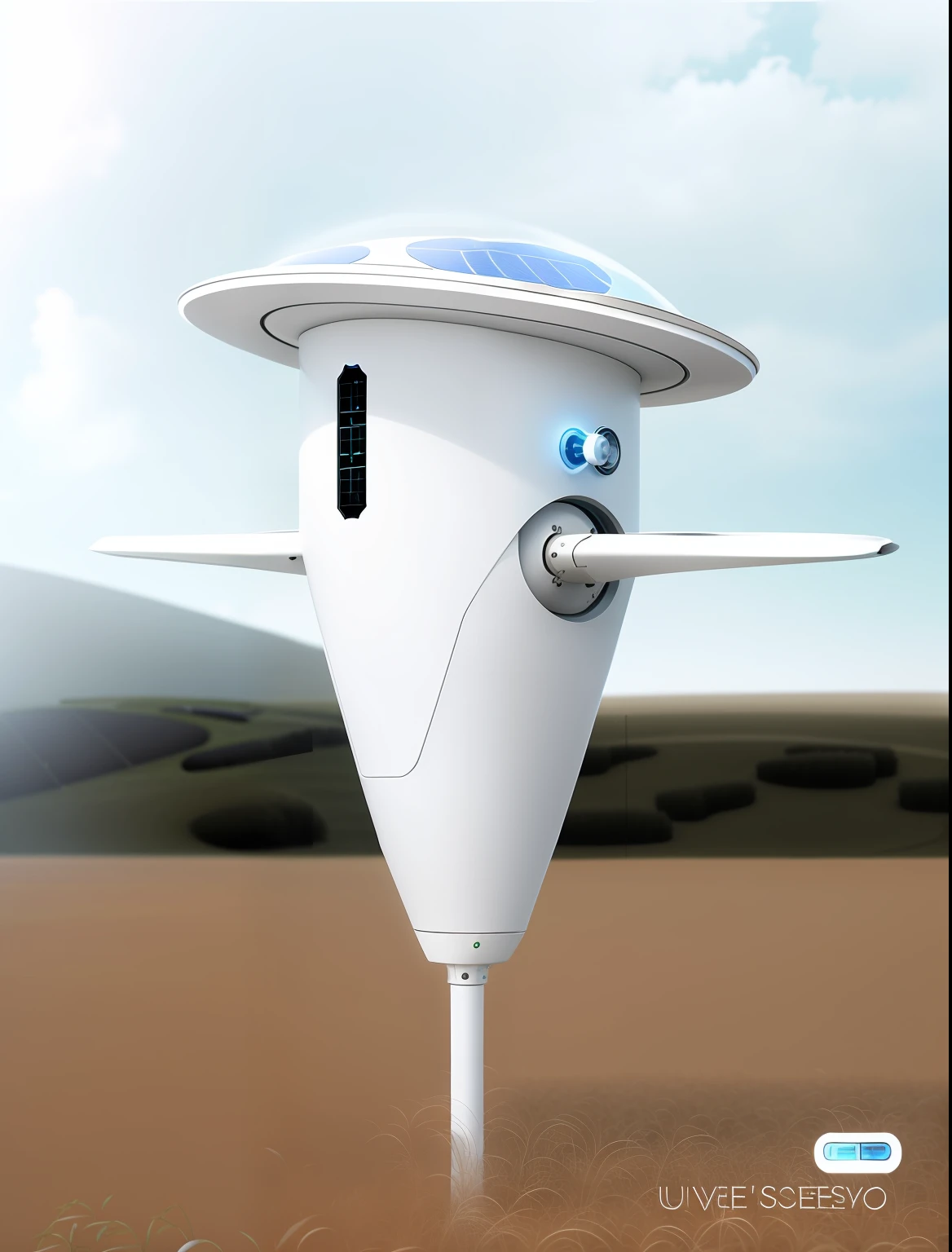 There is a white object in the middle of the field, rain sensor, levitating agricultural sphere, alien antenna, ufology, of a ufo propulsion system, Very futuristic, futuristic product design, the scarecrow, sense of science and technology, future-tech,Simple and simple, Industrial products, industrial design,On the head is a camera head, Solar power generation, Wind power, There are fan blades and solar panels on the arms, Drive away birds, There is an ultrasonic transmitter on the head, There is a temperature and humidity monitor on the chest,surreal design, futuristic design, from the distance, Miniature - hurricane, utopian space ship, cgi rendering, on an alien grassland, smooth utopian design