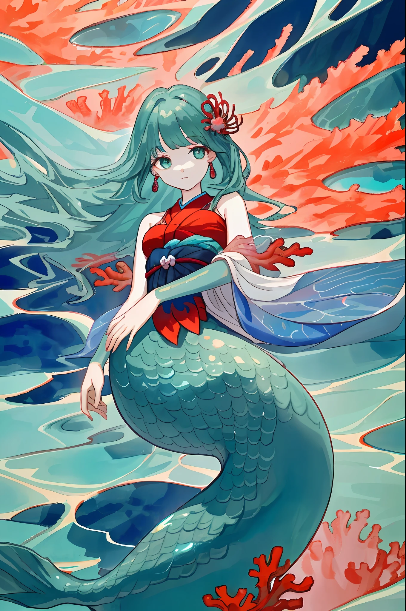 In the deep waters of coral reefs、There is a mermaid who looks like a beautiful woman、The body color is like emerald.、The structure is a half-mermaid、She looked at me from above、I looked at her from below、I hold a pearl in my hands 。wearing Japanese kimono、