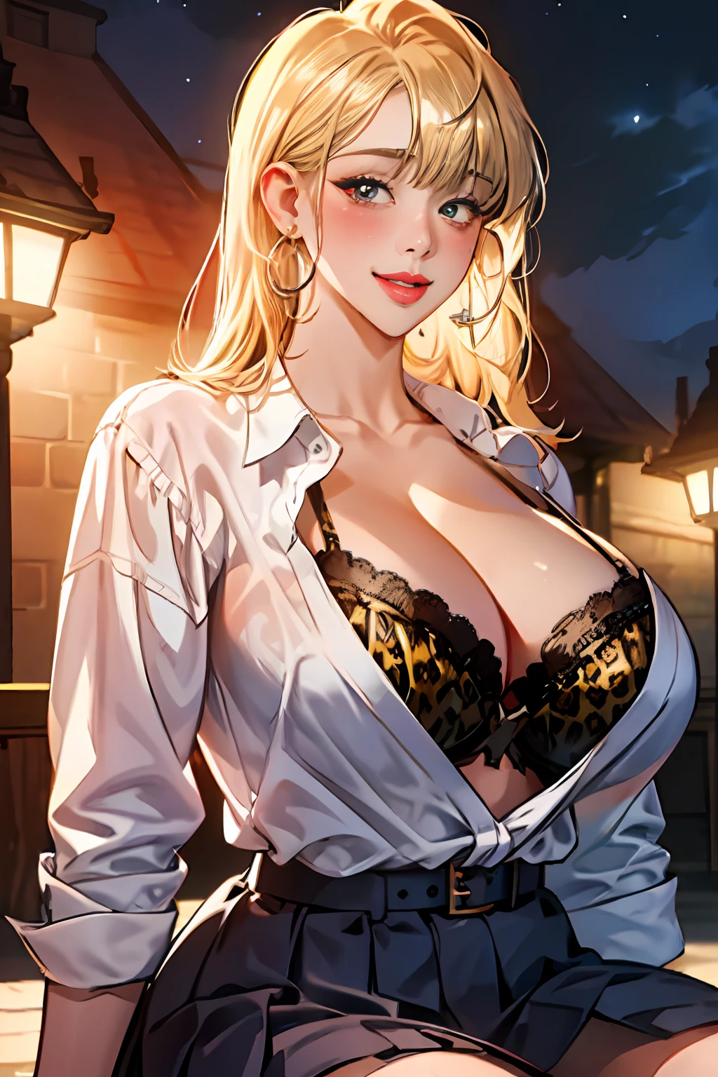 shoujo-style, ,1girl, solo, blonde hair, detailed body , (detailed face:1.1), (perfect eyes), (big breasts:1.3), thick eyelashes, long eyelashes, (blunt bangs:1.2), perfect dynamic composition, (gyaru:1.2), cleavage, jewelry, earrings, open clothes, tied shirt, tented shirt, unbuttoned shirt, bra peek, lace-trimmed bra, (leopard print:1.2), belt, pleated skirt, lace-trimmed legwear, garter straps, see-through, hoop earrings, gal, evil smile, seductive smile, blush, seductive pose, (seductive smile:1.4), thick lips, (huge lips:1.2), (massive lips: 1.2), (parted lips:1.2), (thick lips:1.4), castle, night sky
8k, 4k, Masterpiece, Best Quality, fantasy, extremely detailed, intricate, hyper detailed, detailed eyes, (perfect face), illustration, soft lighting, (specular lighting:1.2), (shiny skin, gleaming skin), looking at viewer,