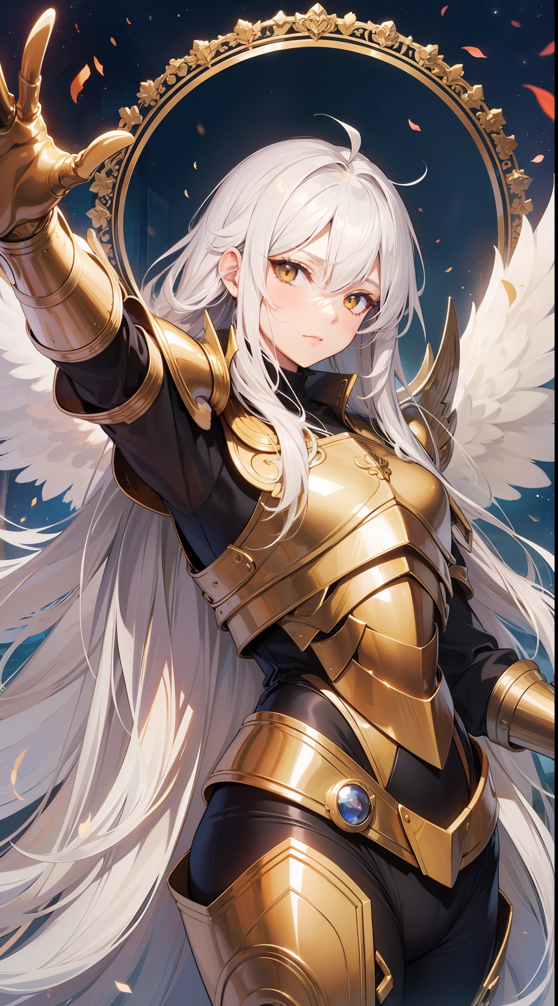 Grown-up guy, Long white hair, golden eyes, Angel Armor, open arms, Masterpiece, hiquality
