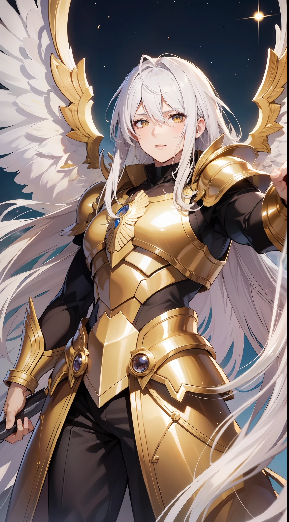 Grown-up guy, Long white hair, golden eyes, Angel Armor, open arms, Masterpiece, hiquality