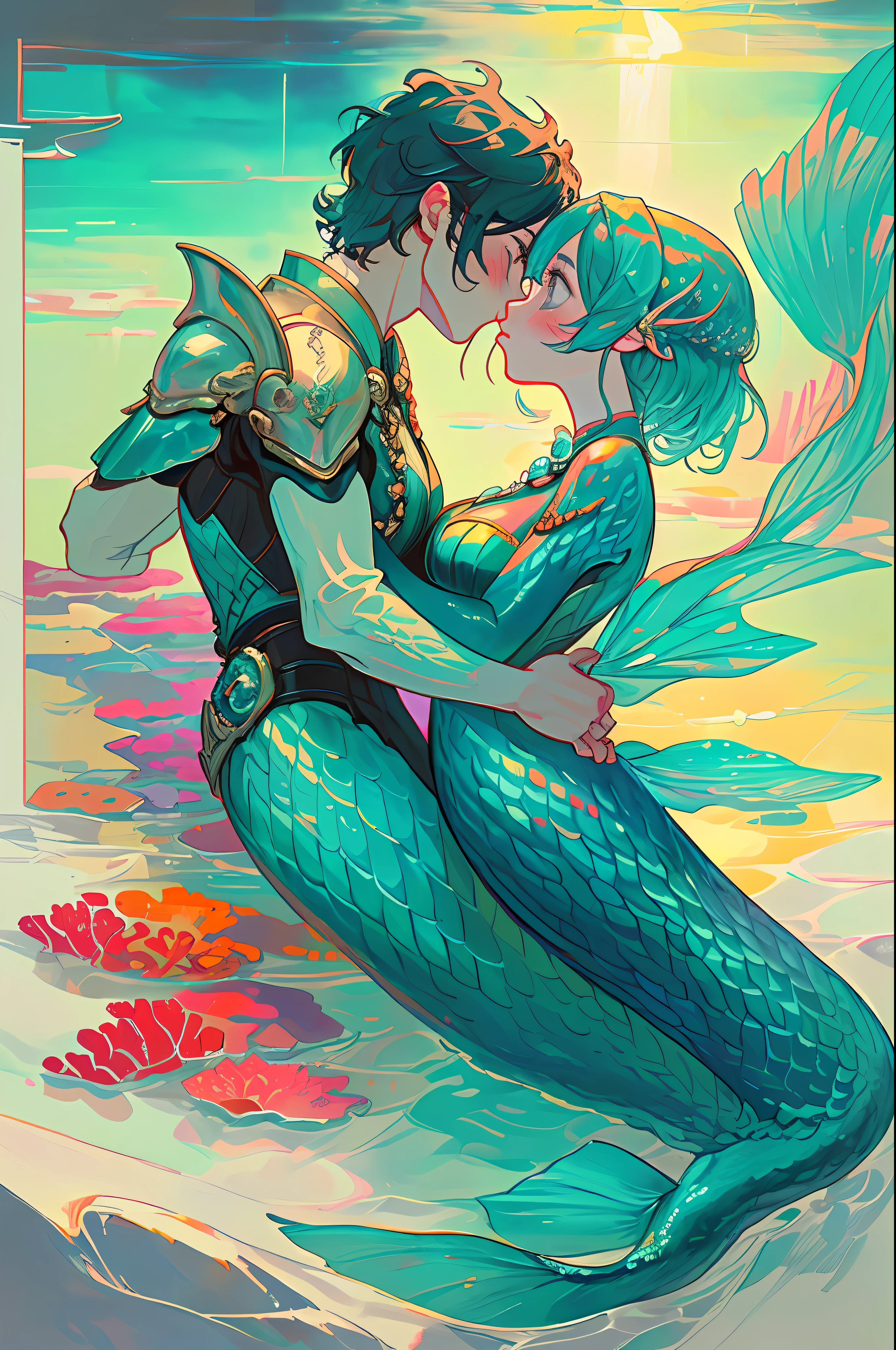 master-piece,hyper quality, hyper detailed,perfect drawing,high-resolution,2 Japan idols, (((kiss))(((French Kiss))) hugging each other's breasts pressed against each other, staring at each other, moist eyes, half-open lips, beautiful, blush (0.2),In the deep waters of coral reefs、There is a mermaid who looks like a beautiful woman、The body color is like emerald.、The structure is a half-mermaid、She looked at me from above、I looked at her from below、I hold a pearl in my hands --v 6