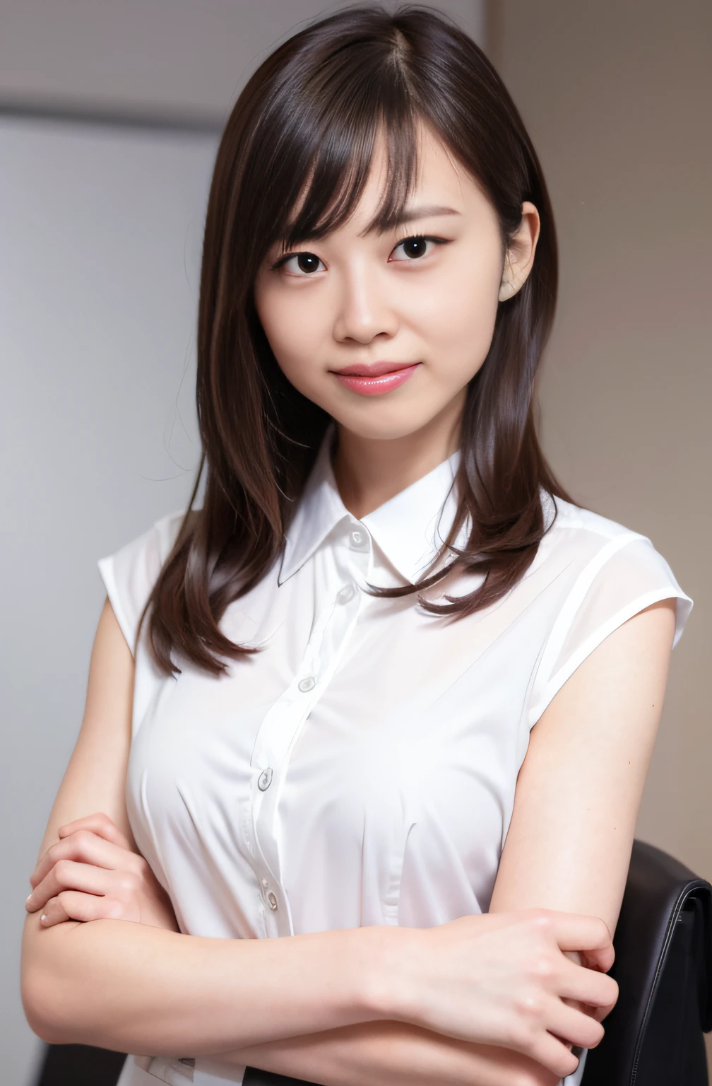 1 girl, solo, parted lips, office lady, business attire, small boobs
White background, arms in front of head, side looking at the audience, smiling,