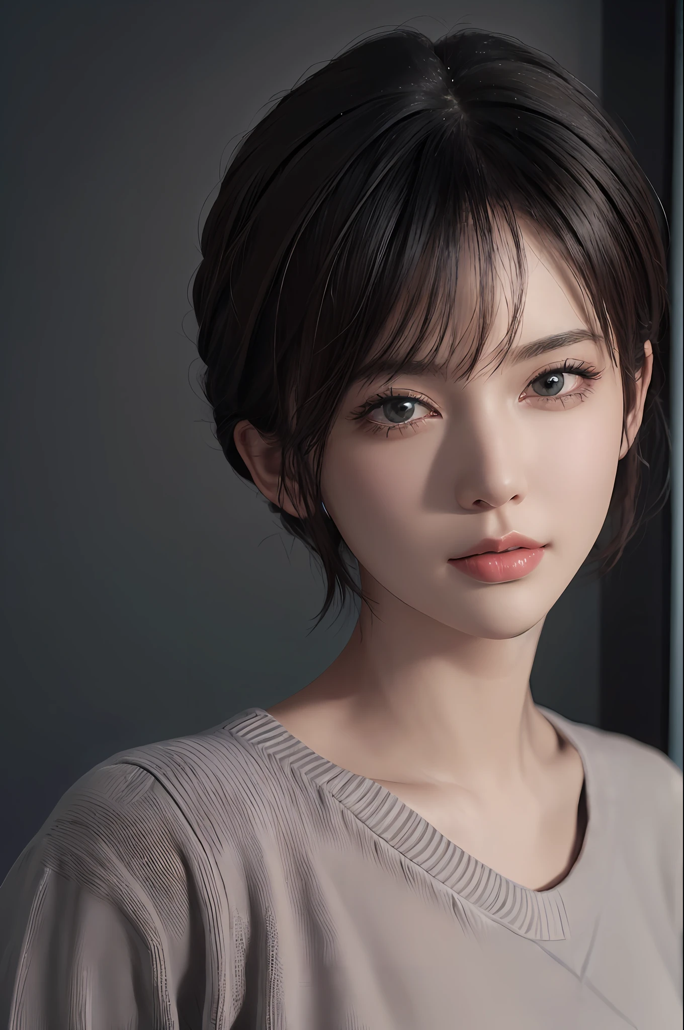 (masterpiece:1.3), (8k, photorealistic, RAW photo, best quality: 1.4), (1girl), beautiful face, (realistic face), (black hair, short hair:1.3), beautiful hairstyle, realistic eyes, beautiful detailed eyes, (realistic skin), beautiful skin, (sweater), absurdres, attractive, ultra high res, ultra realistic, highly detailed, golden ratio