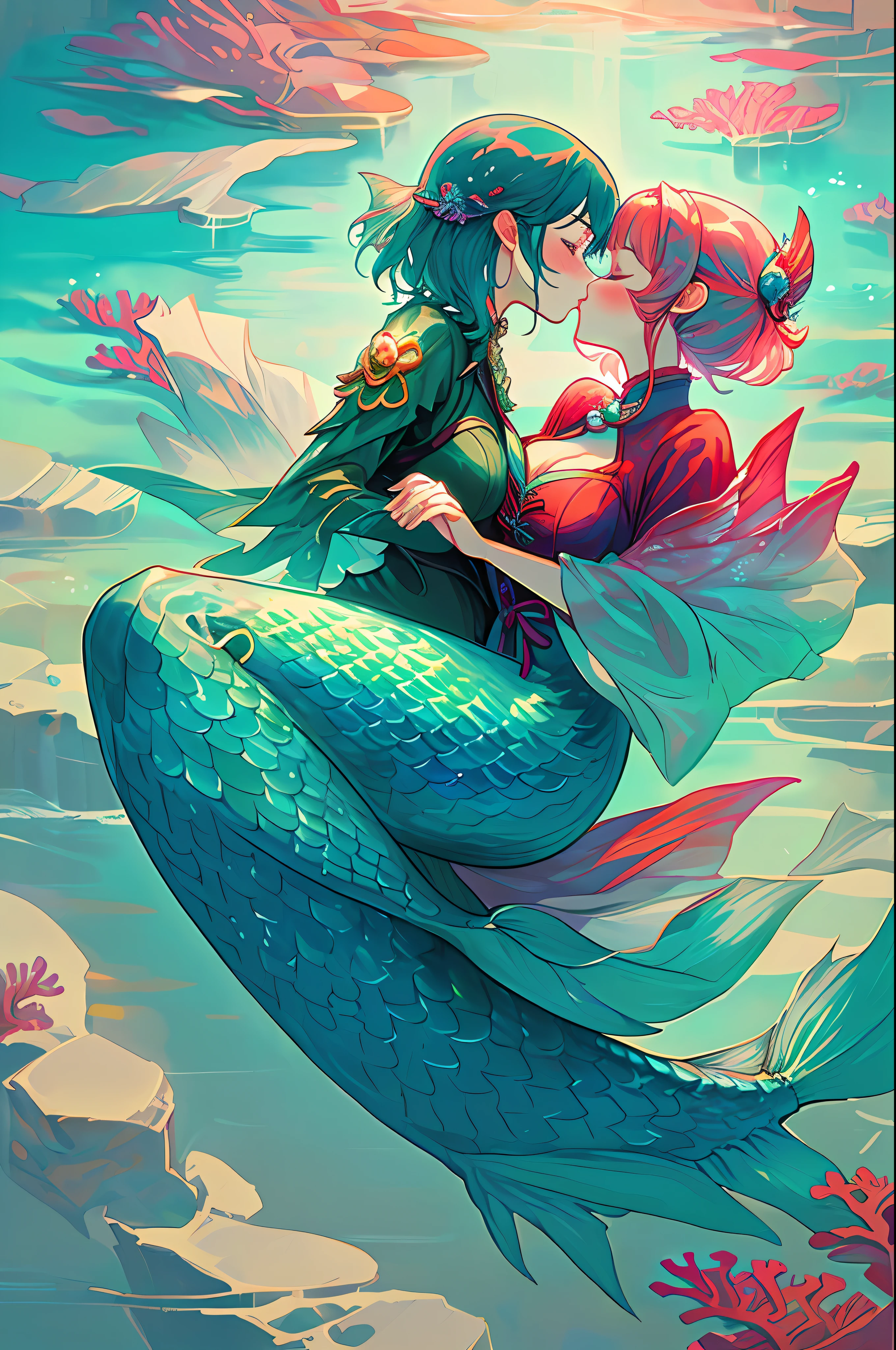 master-piece,hyper quality, hyper detailed,perfect drawing,high-resolution,2 Japan idols, (((kiss))(((French Kiss))) hugging each other's breasts pressed against each other, staring at each other, moist eyes, half-open lips, beautiful, blush (0.2),In the deep waters of coral reefs、There is a mermaid who looks like a beautiful woman、The body color is like emerald.、The structure is a half-mermaid、She looked at me from above、I looked at her from below、I hold a pearl in my hands --v 6