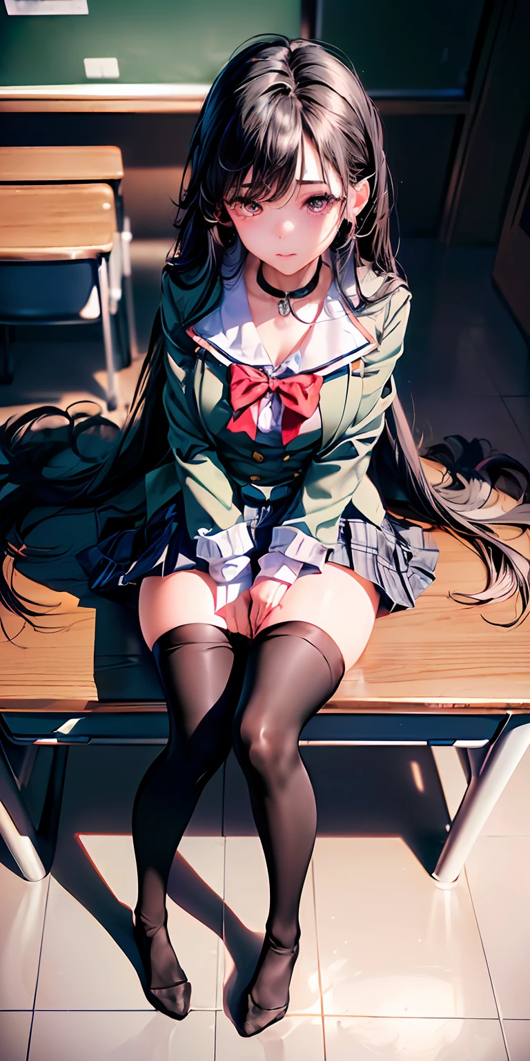 ((8K, RAW Photos, of the highest quality, Masterpieces), high definition RAW color photos professional close-up photos, (Realistic, Photorealism: 1.37), (Highest Quality), (Best Shadows), (Best Illustrations), 鎖骨 ((Big)), ((Erotic, Sexy, Ultra High Resolution, High Definition CG Unified 8K Denden Wallpaper, Physically Based Rendering, Movie Lighting), (aegyo sal:1), 16 year old girl, (grey blazer, bow ribbon, Choker, High School Uniform: 1.2), High School Classroom, Beautiful detail eyes, Light on the Face, ((Full body shot: 1.2)), especially strong light, (Upper Eyes, Shy:1.2),Shiny skin, (((Black hair, Long hair:1.2))), (Slender legs), ulzzang -6500-v1.1:0.2, Shy, (The Flash:1.2), NSFW , ((enchanting posture: 1.2, Attractive: 1.2)), (idle), ((Sitting on a desk in a classroom: 1.2)), ((Good anatomy: 1.2)), ((Bright and refreshing classroom, the background is blurred: 1.2)), Perfect face, Cute face, (high-angle shot:1.2),((Ultra short skirt: 1.2)),((overknee socks: 1.4)), Perfect legs, Slender legs