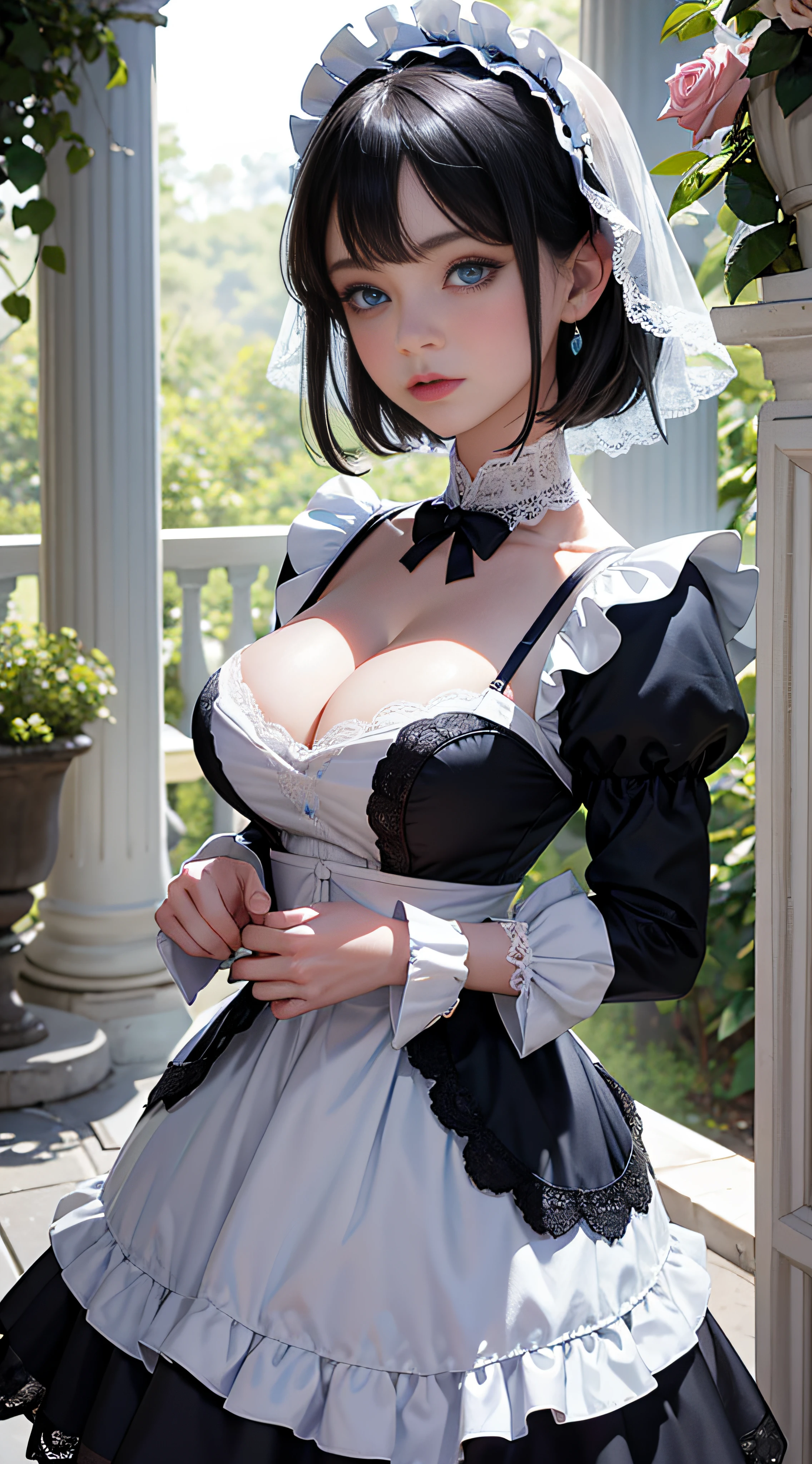 1girll,Blue half-covered half-covered short hair,Light blue eyes,Big eyes,Lori huge breasts cleavage,toddlers,gentleness,Black and white ta,the maid outfit,Lace white stockings,Look into the camera,Behind you is the rose garden,tmasterpiece,k hd --auto