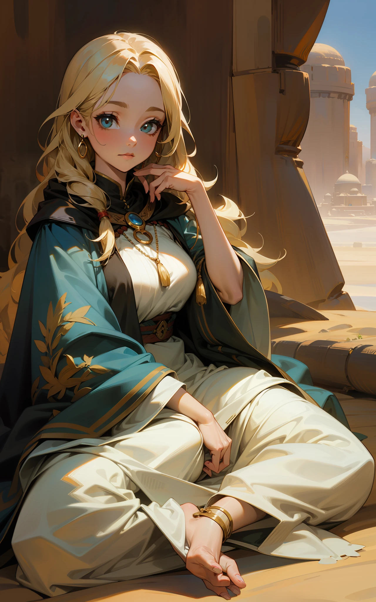 top-quality、hight resolution、detaileds, Desert People、Beautiful girl in underwear and cloak、Inside the desert dwelling、de pele branca、Fantasy World、Blonde long hair、Sauce order、