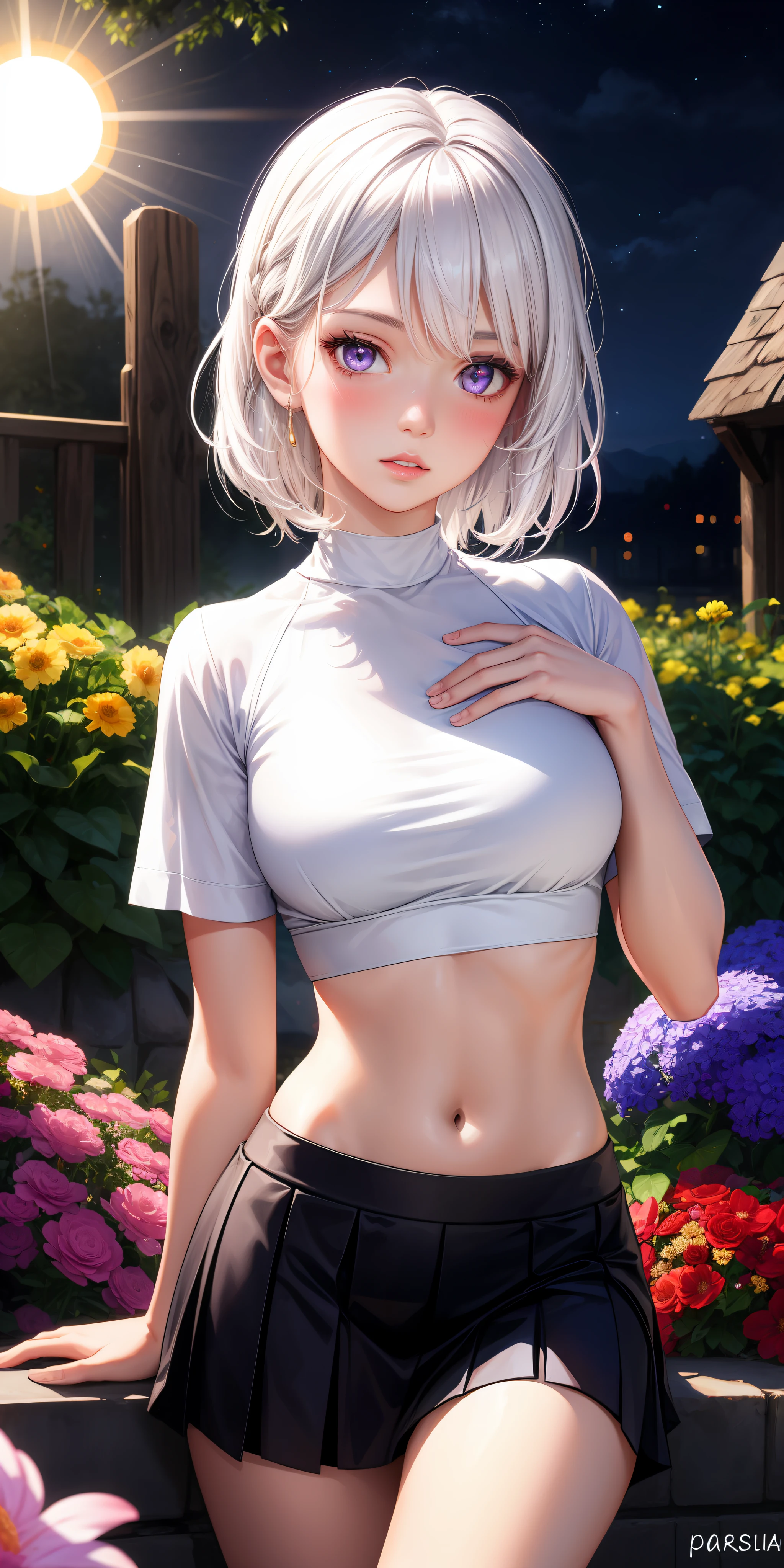 realistic, 1girl, white hair, purple eyes, glowing eyes, crop top, skirt, parted lips, blush, night, flowers, sun, sunlight,