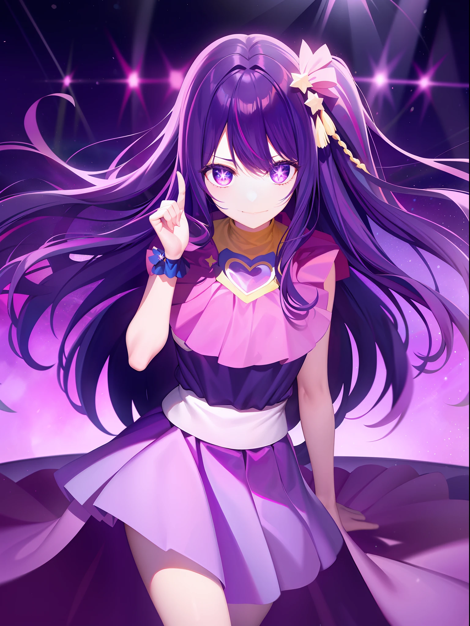 Gorgeous Hair in Long Purple, Six-pointed star eyes, Idol uniform, ssmile, looking at viewert, 无袖, mitts, Upper arm up, idoly, stage, high qulity, A high resolution, hyper HD, acurate, high detal, tmasterpiece