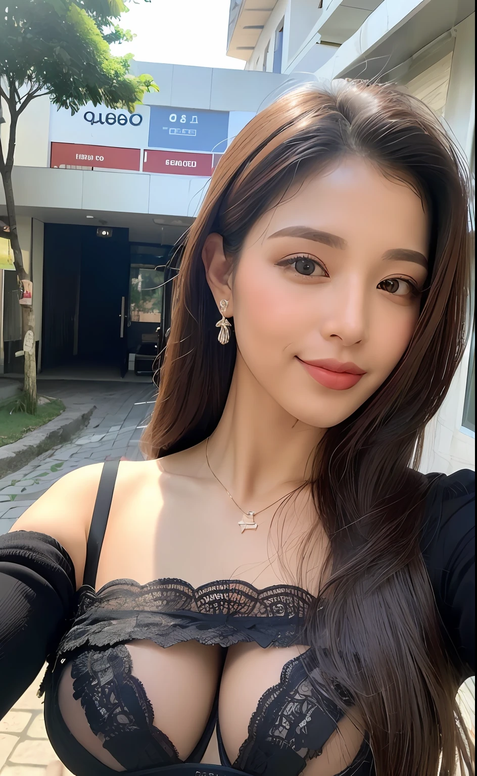 ((Melhor qualidade, 8k, Masterpiece :1.3)), deusa loira, sorrindo, corpo inteiro, rosto magro, mulher bonita, usando lingerie preto: 1.1, rosto ultra-detalhado, seios grandes, coxas grossas, bunda grande, olhos detalhados, Double eyelidm, fundo desfocado, cidade, fora, rua,