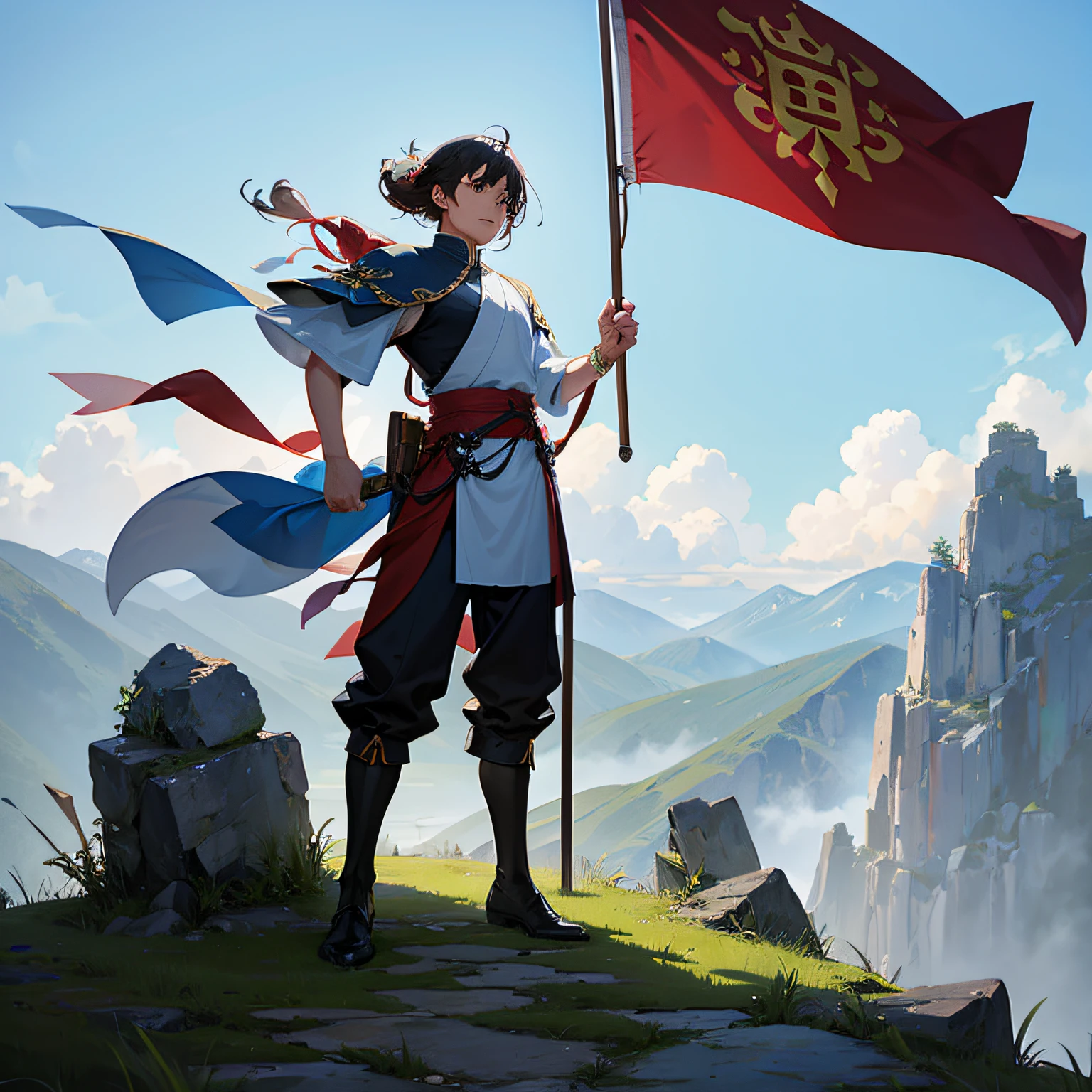 Cao Ang holds a battle flag and stands on a hill --auto