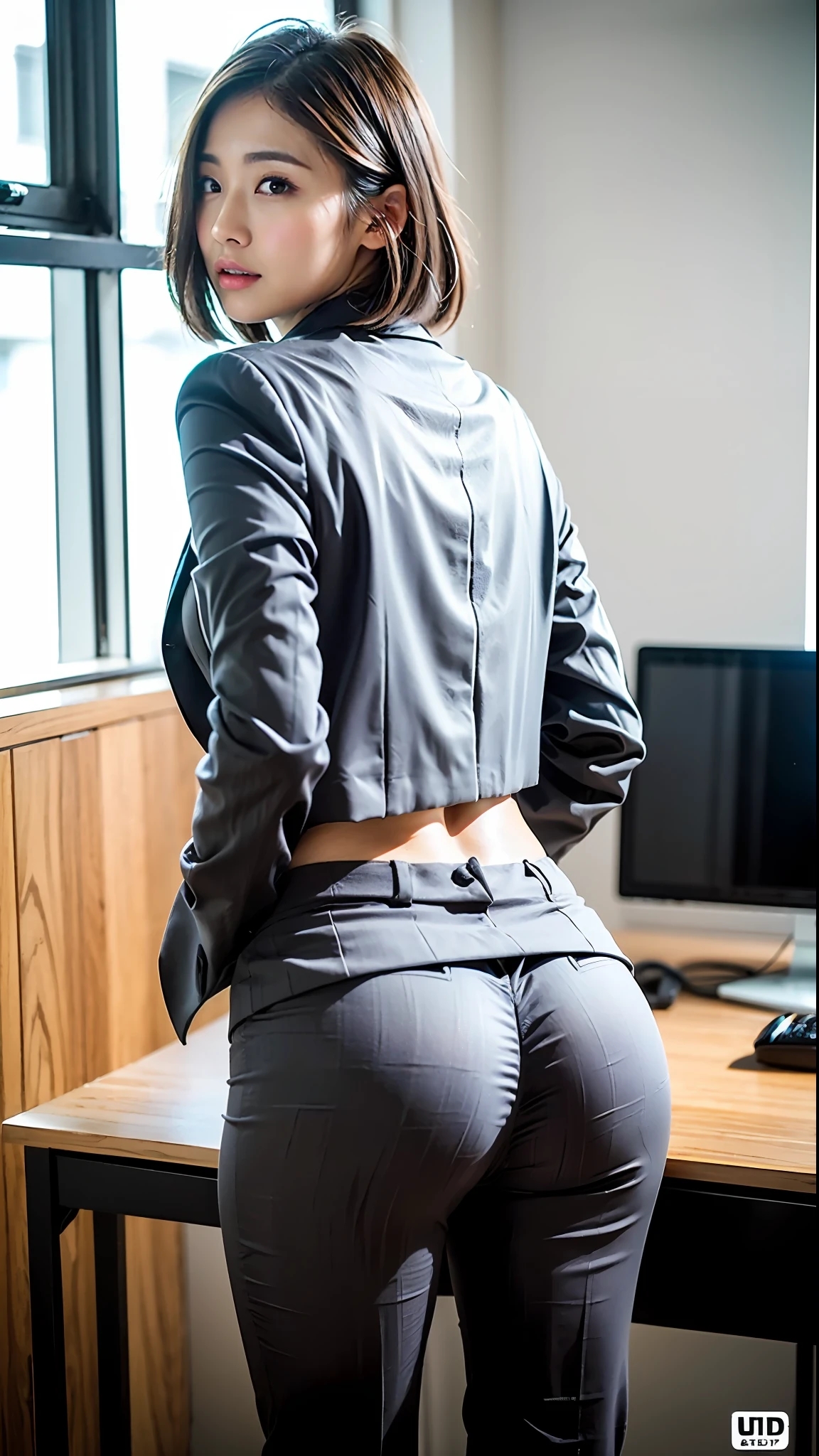 (Best quality, 8k, 32k, Masterpiece, UHD:1.2), 1girl, beautiy Japanese woman, narrow waist, grey suit, open jacket, office lady, suit, pants, from behind, office room, desk, (stick out one's buttocks:1.2), detailed face, short hair, looking at viewer