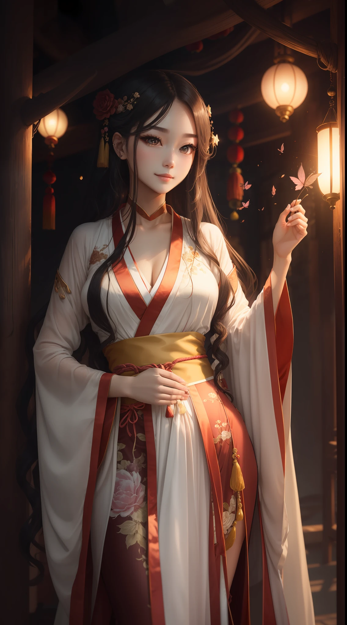 best qualtiy,tmasterpiece,A high resolution,1girll,Blushlush,(seduct smile:0.8),star-shaped bule pupils,red china hanfu,Hanfu,Chinese outfit,hair adornments,choker necklace,jewely,beauitful face,after sexing_Body,Tyndall effect,Photorealsitic,Dark Studio,edge lit,twotonelighting,(highdetailskin:1.2),8K UHD,digital SLR camera,gentle illumination,high high quality,Volumetriclighting,Frankness,photore,A high resolution,4K,8K,Bokeh,Fairy air fluttering,The chest is extra-large,Seductive figure,Long flowing hair,Looming --auto