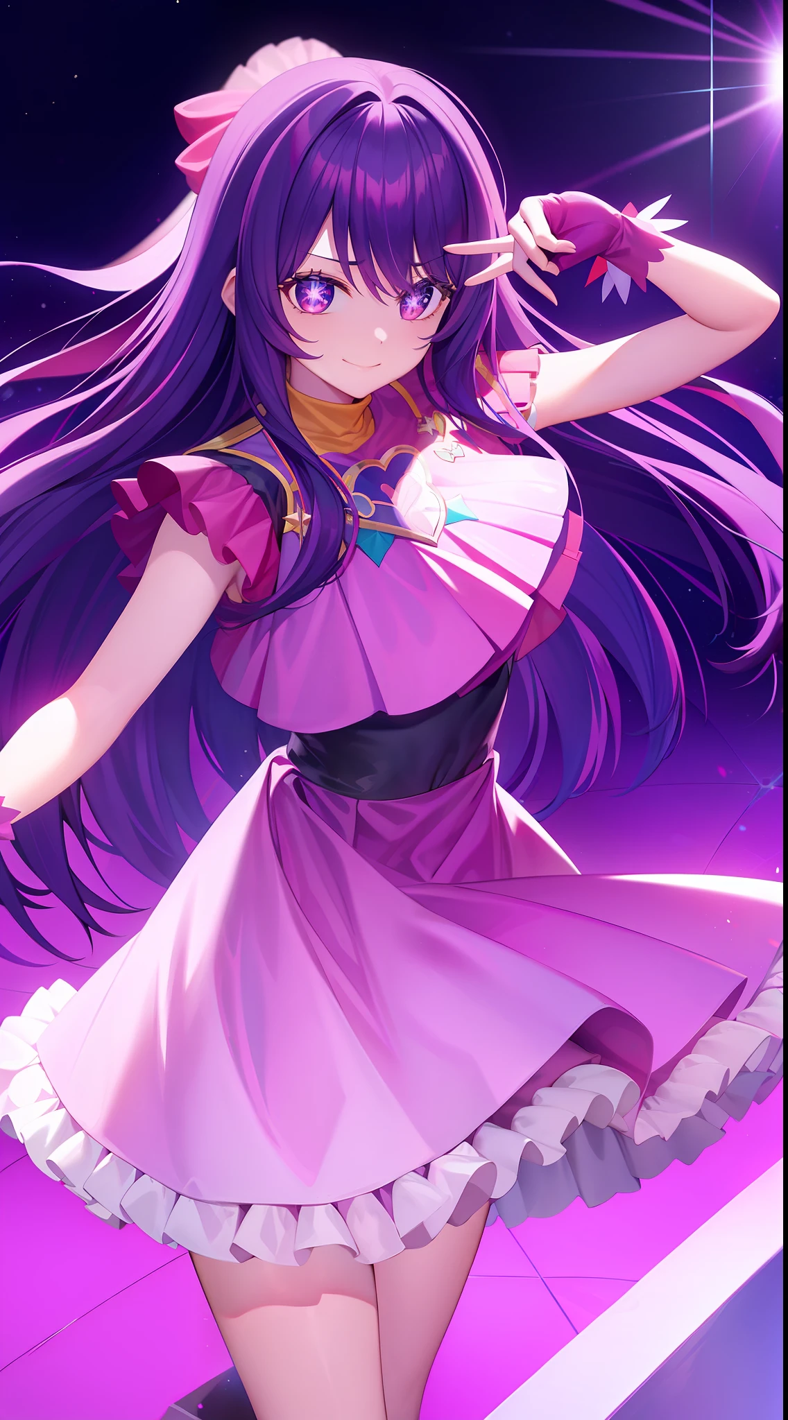 Gorgeous Hair in Long Purple, Six-pointed star eyes, Idol uniform, ssmile, looking at viewert, 无袖, mitts, idoly, stage, high qulity, A high resolution, hyper HD, acurate, high detal, tmasterpiece