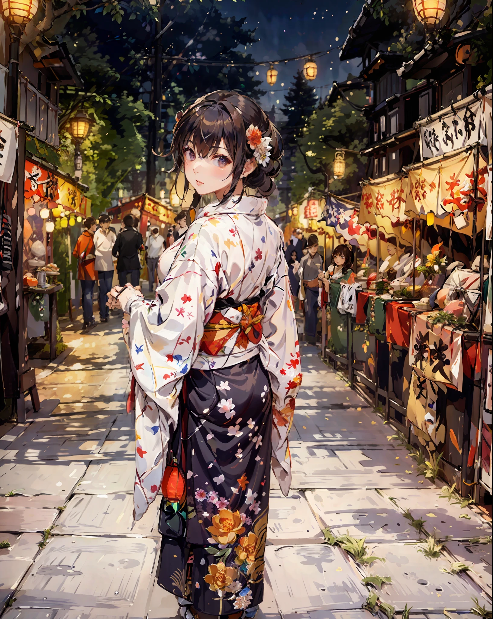 masterpiece, best quality, ultra-detailed, illustration, omatsuri, food stand, 1girl, beautiful eyes, looking at viewer, from behind, cowboy shot, looking back, yukata, tree, outdoors,road, walking,  crowd, night, lantern, festival, food, pavement, crosswalk, paper lantern, lamppost, brown hair, night sky,