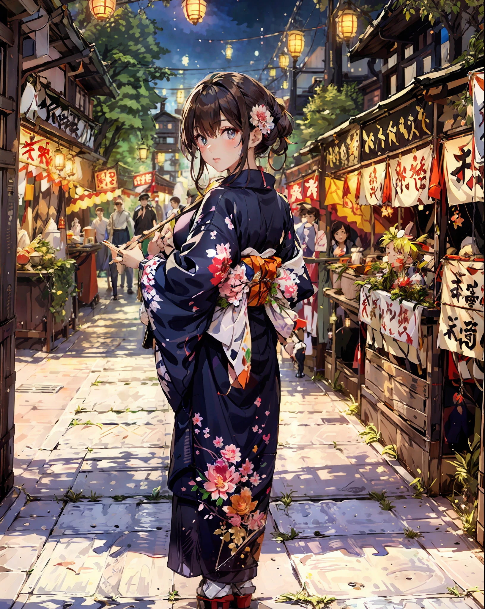 masterpiece, best quality, ultra-detailed, illustration, omatsuri, food stand, 1girl, beautiful eyes, looking at viewer, from behind, cowboy shot, looking back, yukata, tree, outdoors,road, walking,  crowd, night, lantern, festival, food, pavement, crosswalk, paper lantern, lamppost, brown hair, night sky,