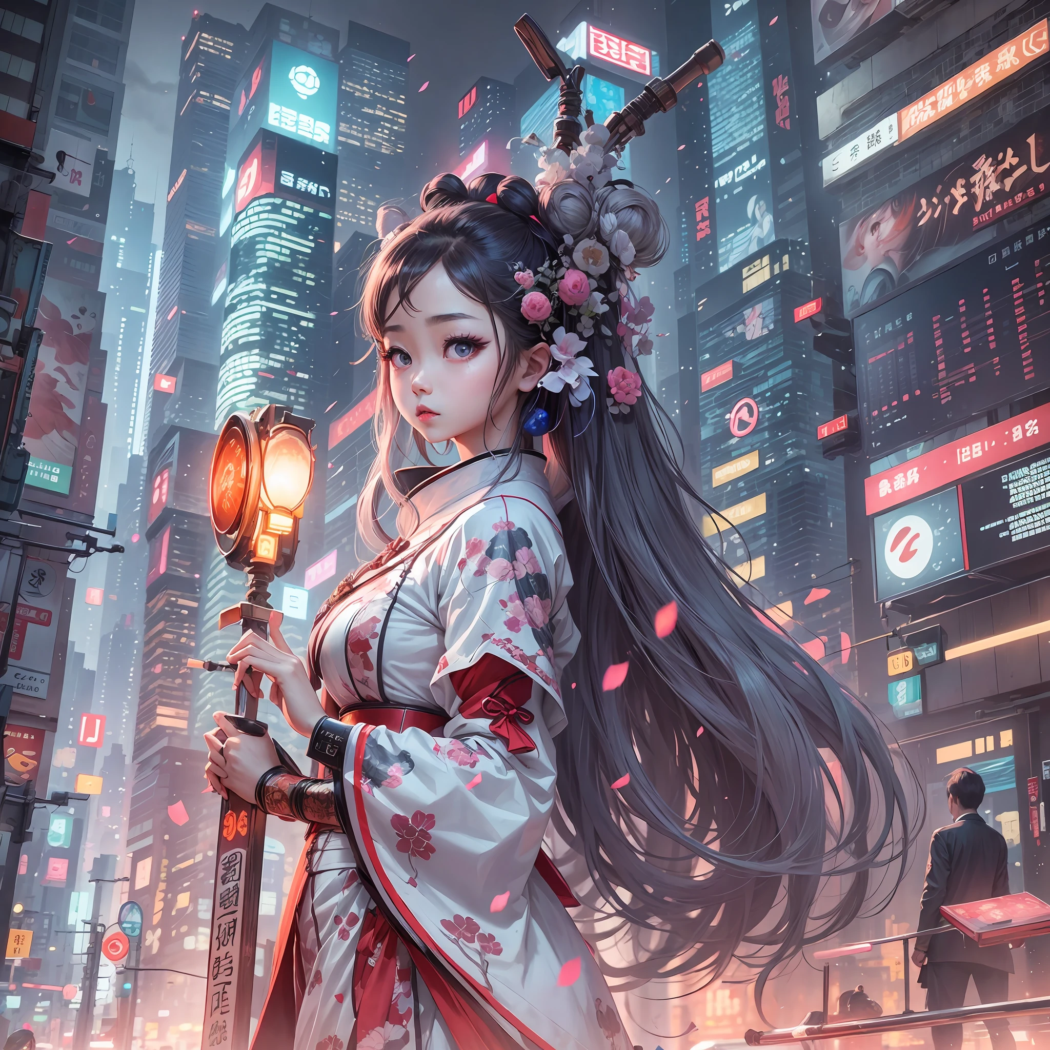 Oriental girl in white beautiful big eyes Hanfu,towering skyscrapers,Neon-lit street