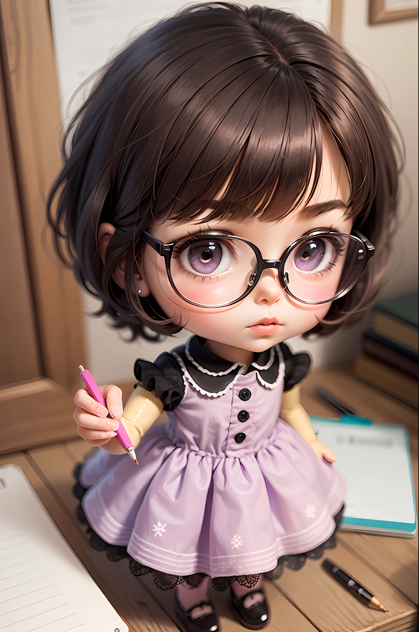 create a cute doll with a lilac knee-length dress, full body, black santalia, short brown hair, pink glasses, showing a notebook, make it in the form of an illustration. --auto --s2