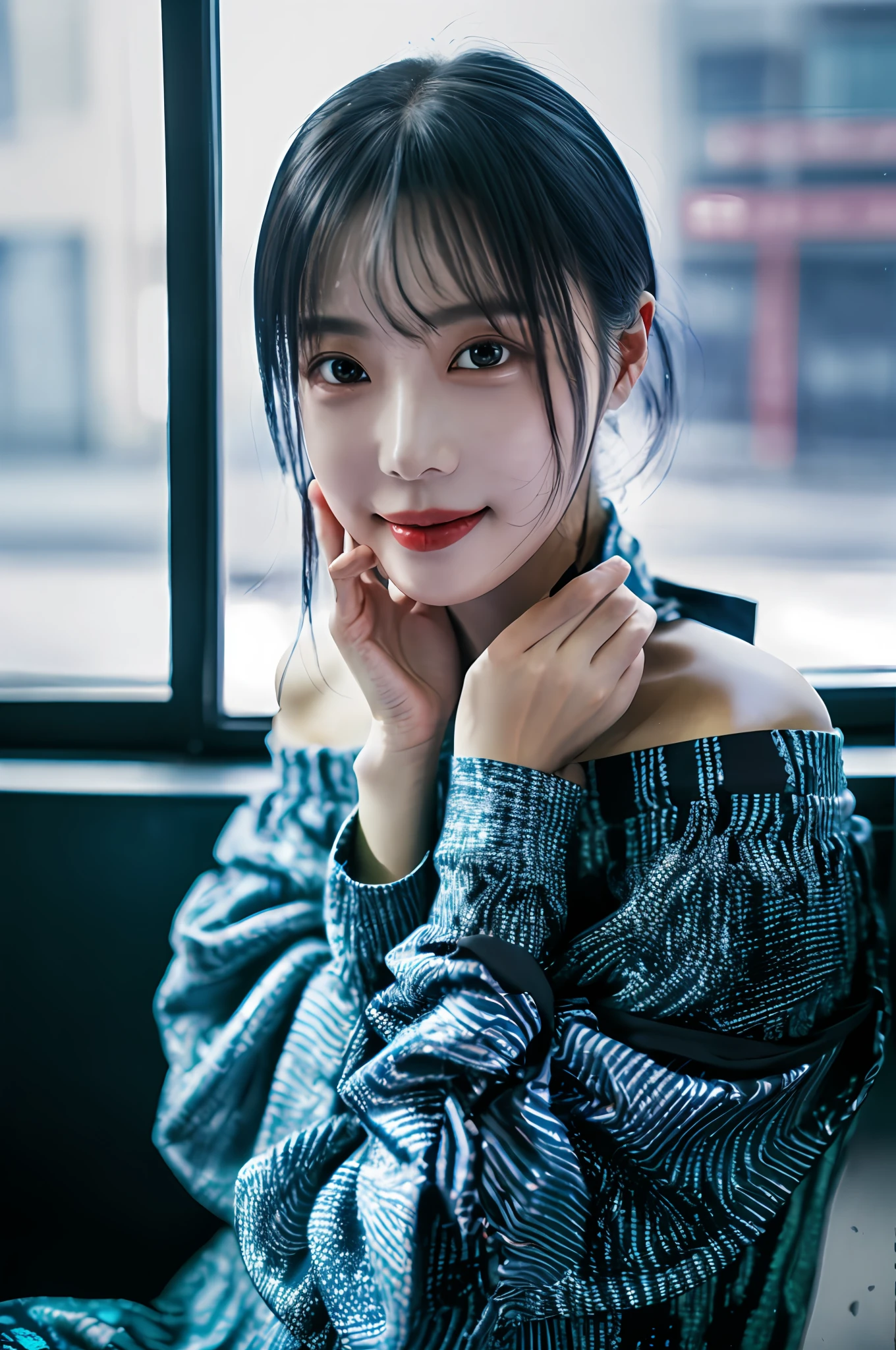 An ultra-high picture quality、8K、1girl in, Idol, proximity, 鎖骨, a picture, filmg, hand on own face, depth of fields, A smile, modeled, window, looking at the viewers, Real life, off shoulders, tusk,