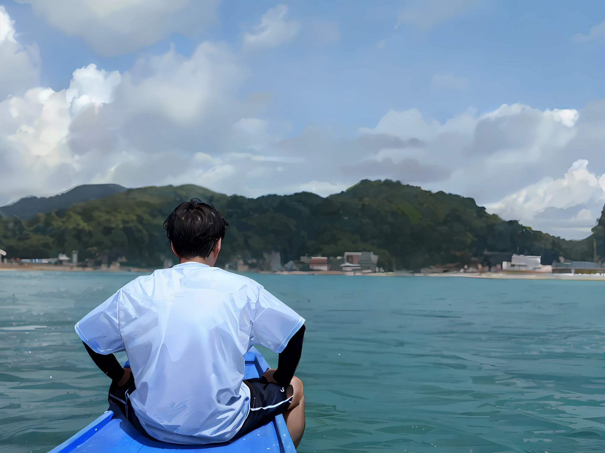 There was a man sitting on a boat in the water, on the ocean water, sitting in a small bamboo boat, In the middle of the ocean!!!!!, On the ocean, On the sea, on a floating rock island, the photo was taken from a boat, back - shot, view from the sea, torii in the background, an island in the background