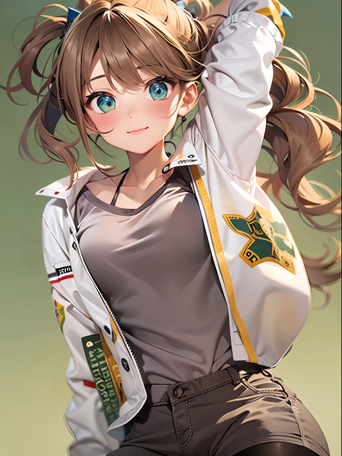 only 1 girl, beautiful, wearing Pantyhose and shorts ,white T-shirt, light brown hair, short ponytail, cowboy shot, green background ,masterpiece, anatomically correct, textured skin, super detail, high details, best quality, high quality