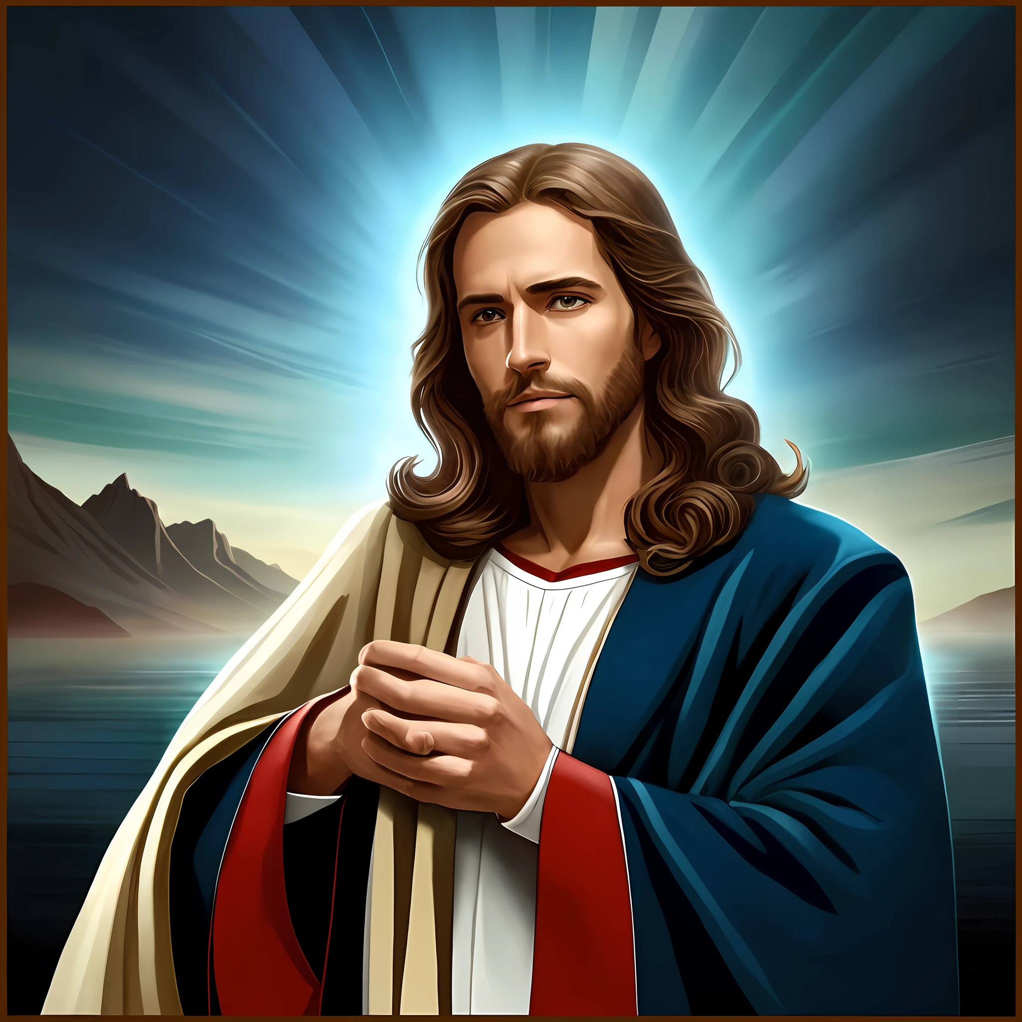 jesus holding a cross in his hands with a mountain in the background, jesus christ, portrait of jesus christ, jesus christ in mass effect, jesus of nazareth, jesus walking on water, young almighty god, dressed like jesus christ, jesus, the lord and savior, greg olsen, bible illustration, tron legacy jesus christ, jesus face, he is greeting you warmly