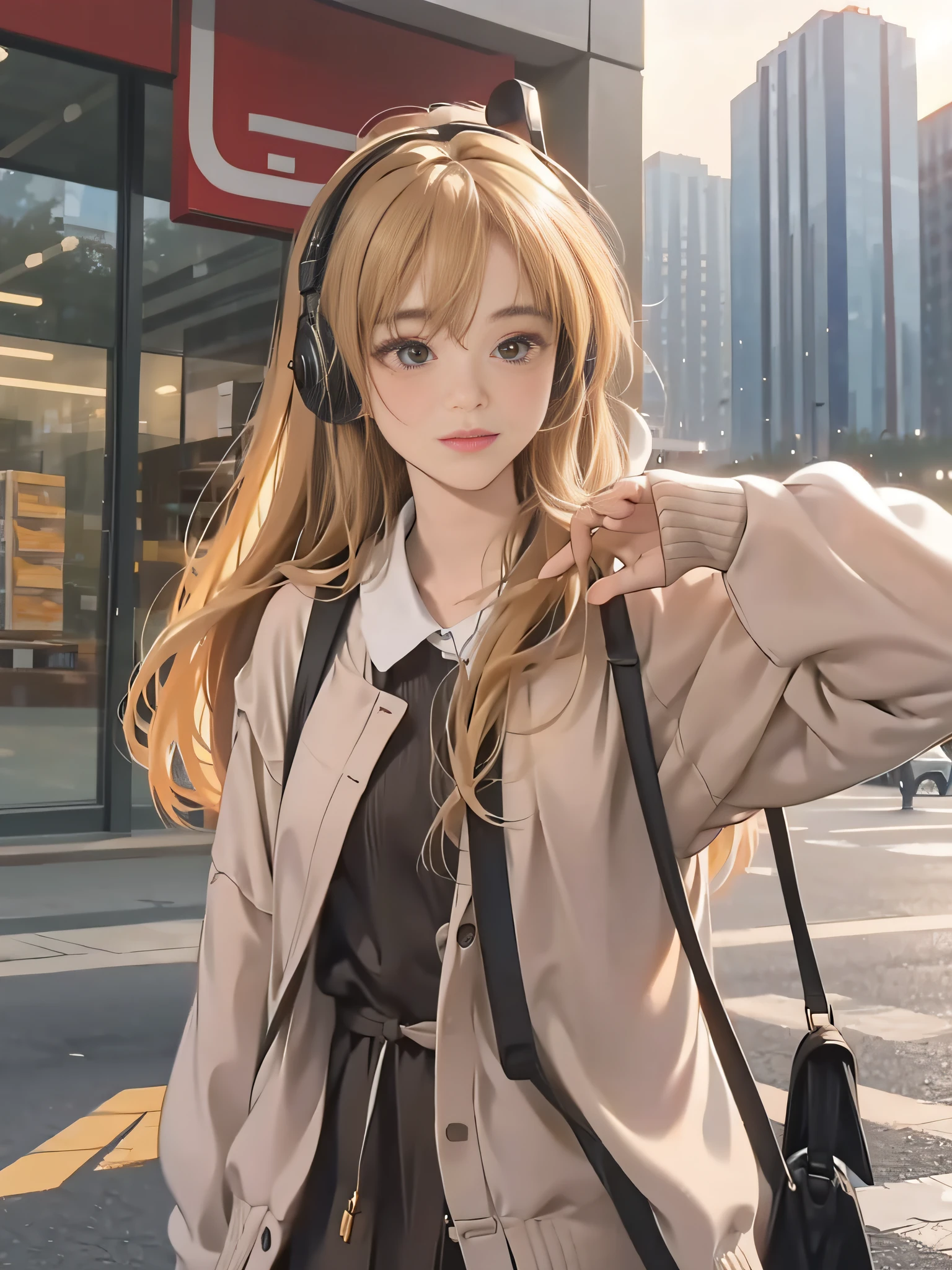 shopping mall, Long blonde fringed hair, with brown eye, 1girll, , The headphones are hung around the neck, , Innocent, 100mm lens, realisticlying, Lens glare:1.4, Look to the right, 校服, complexdetails:1.2, tmasterpiece:1.3, best qualtiy:1.4, 超高分辨率:1.2, detailedeyes, detailedfacialfeatures, hdr, 8K分辨率, , farsightedness, Reflections on the floor, Low cut open cloth。