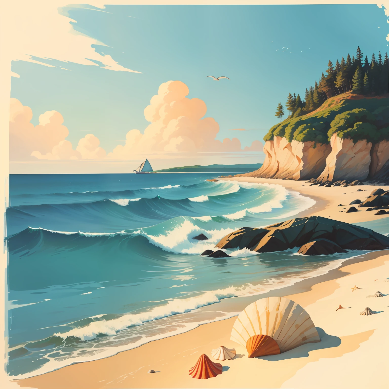 Picture painted with gouache, style similar to a vector image,  which depicts a sea beach with shells and marine life