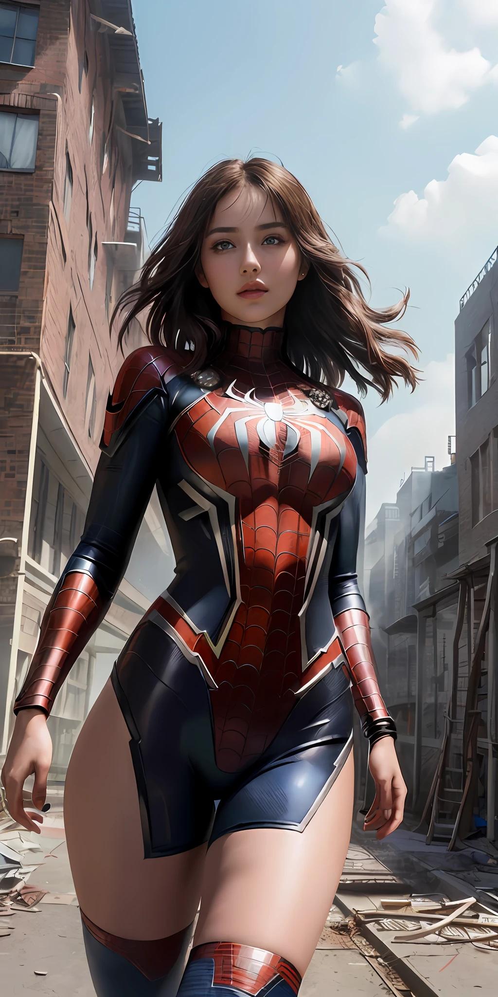 (1girl:1.3), solo, (((extremely detailed face))),(((extremely detailed eyes and face))),beautiful detailed eyes,body-parts__, official art, unified 8k wallpaper, super detailed, beautiful and aesthetic, beautiful, masterpiece, best quality, raw, masterpiece, super fine photo, best quality, super high resolution, photorealistic realism, sunlight, full body portrait, amazing beauty,, dynamic pose, delicate face, vibrant eyes, (from the front), she is wearing a Spider-man suit, red and black color scheme, spider, very detailed abandoned warehouse background, Detailed face, detailed complex busy background, messy, gorgeous, milky white, highly detailed skin, realistic skin details, visible pores, sharp focus, volumetric fog, 8k uhd, DSLR, high quality, film grain, fair skin, photo realism, lomography, huge metropolis in future dystopia, seen from below, translucent